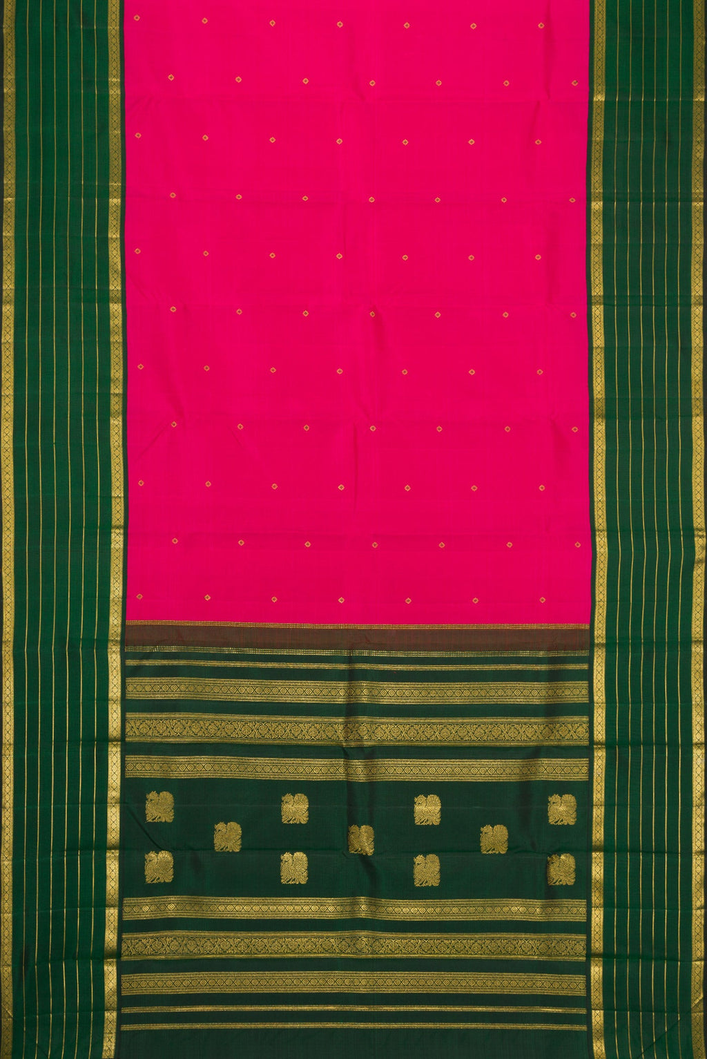 Flat view of Dark Pink Dual Tone Kanchipuram Silk Saree with Zari Butta on the body and Zari Border. 