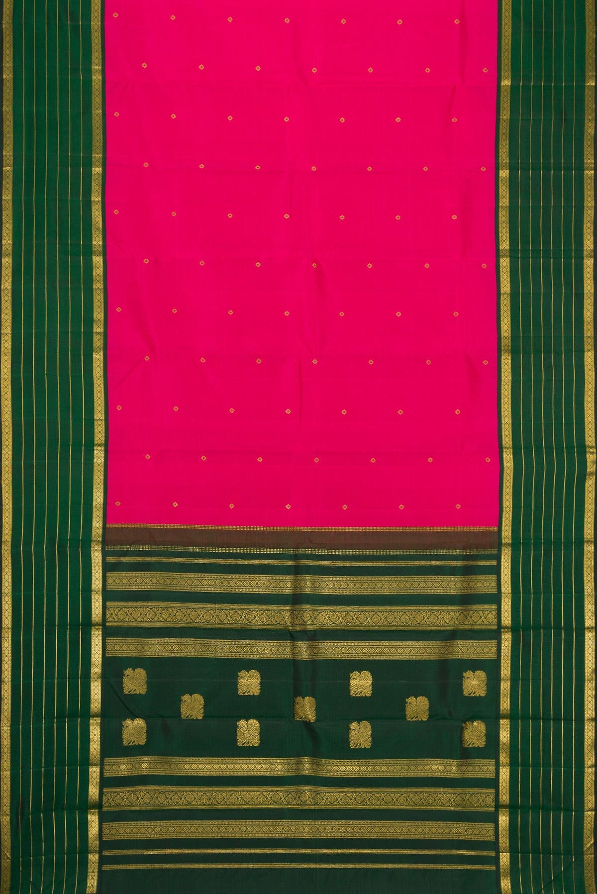 Flat view of Dark Pink Dual Tone Kanchipuram Silk Saree with Zari Butta on the body and Zari Border. 