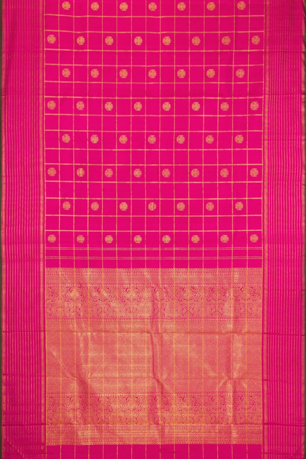 Flat view of Pure Silk Pure Zari Pink Dual Tone Kanjivaram Saree with Checked design on the body and Zari Border. 