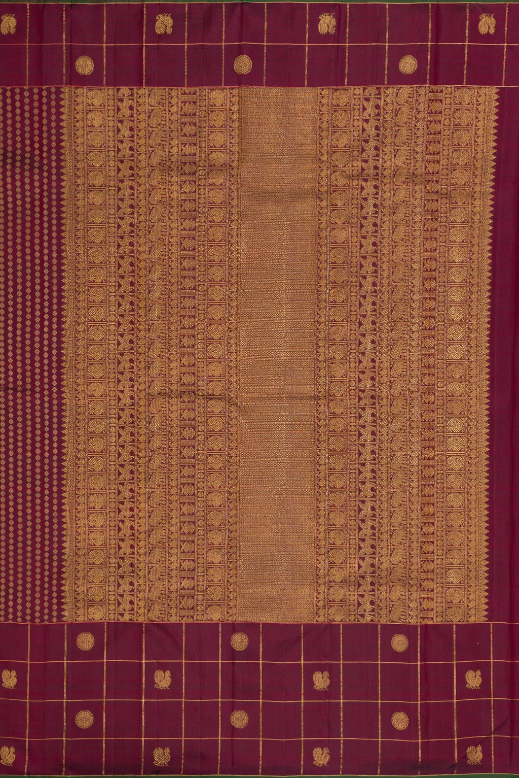 Close up image of the pallu of Burgundy Dual Tone Kanjivaram Silk Saree with Zari Butta on the body and Fancy Border. 