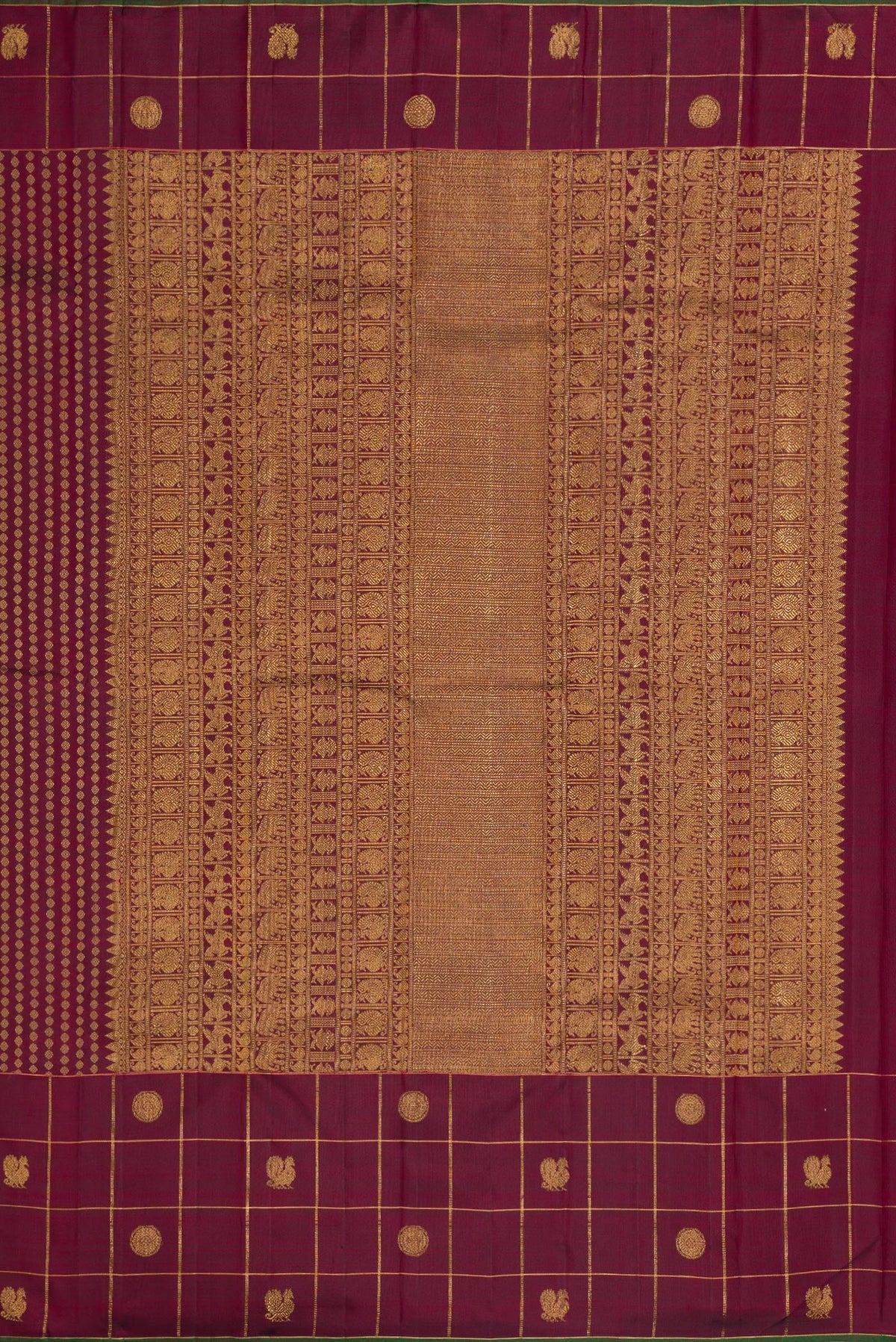Close up image of the pallu of Burgundy Dual Tone Kanjivaram Silk Saree with Zari Butta on the body and Fancy Border. 