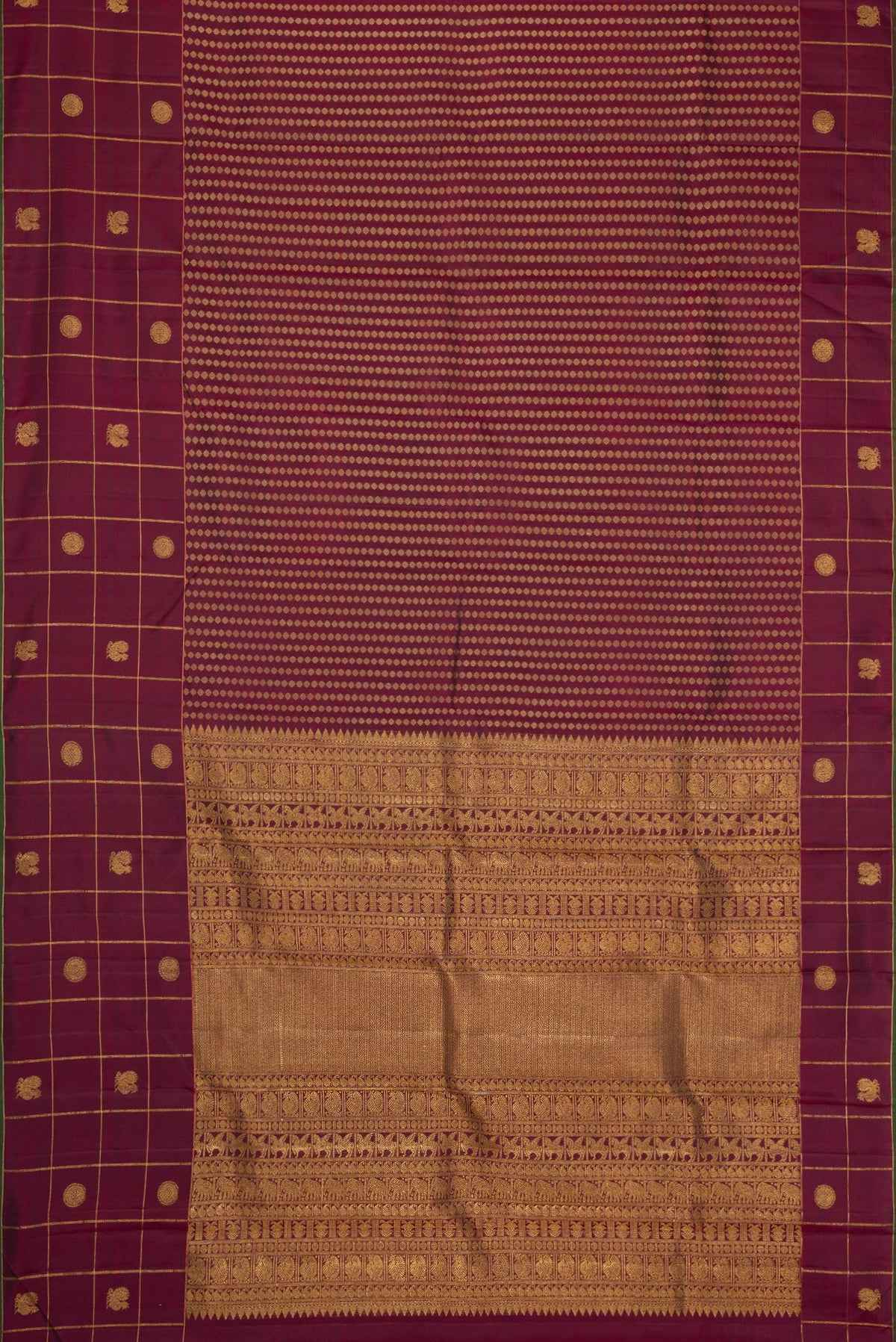 Flat view of Burgundy Dual Tone Kanjivaram Silk Saree with Zari Butta on the body and Fancy Border. 