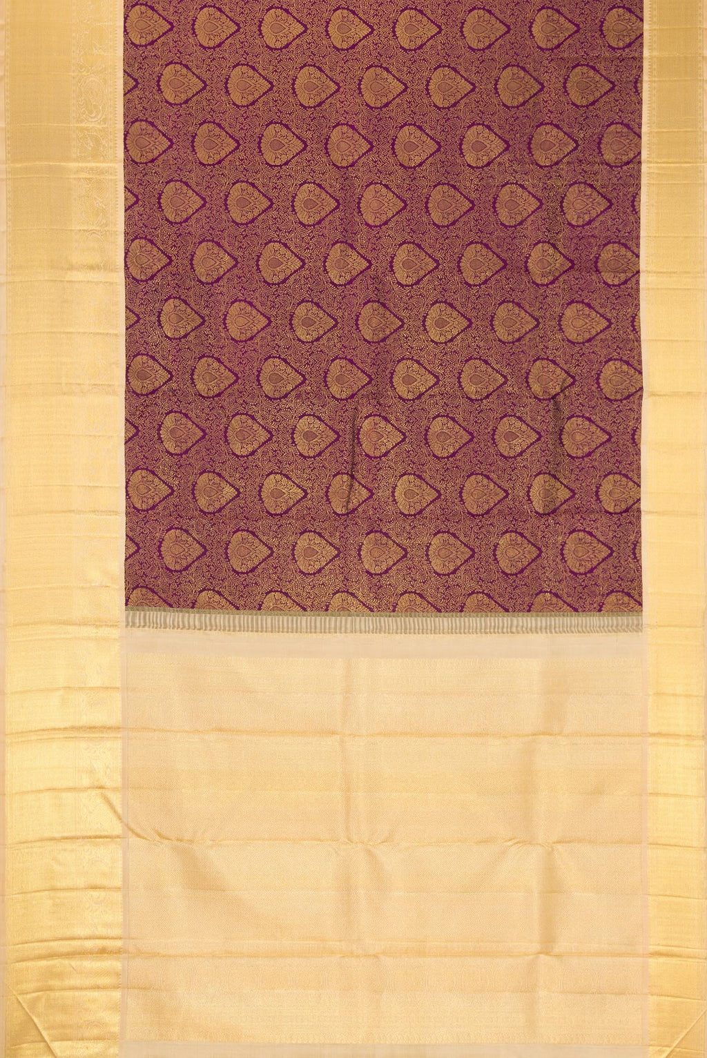 Flat view of Pure Silk Pure Zari Purple Dual Tone Kanjivaram Saree with Zari Brocade on the body and Zari Border. 