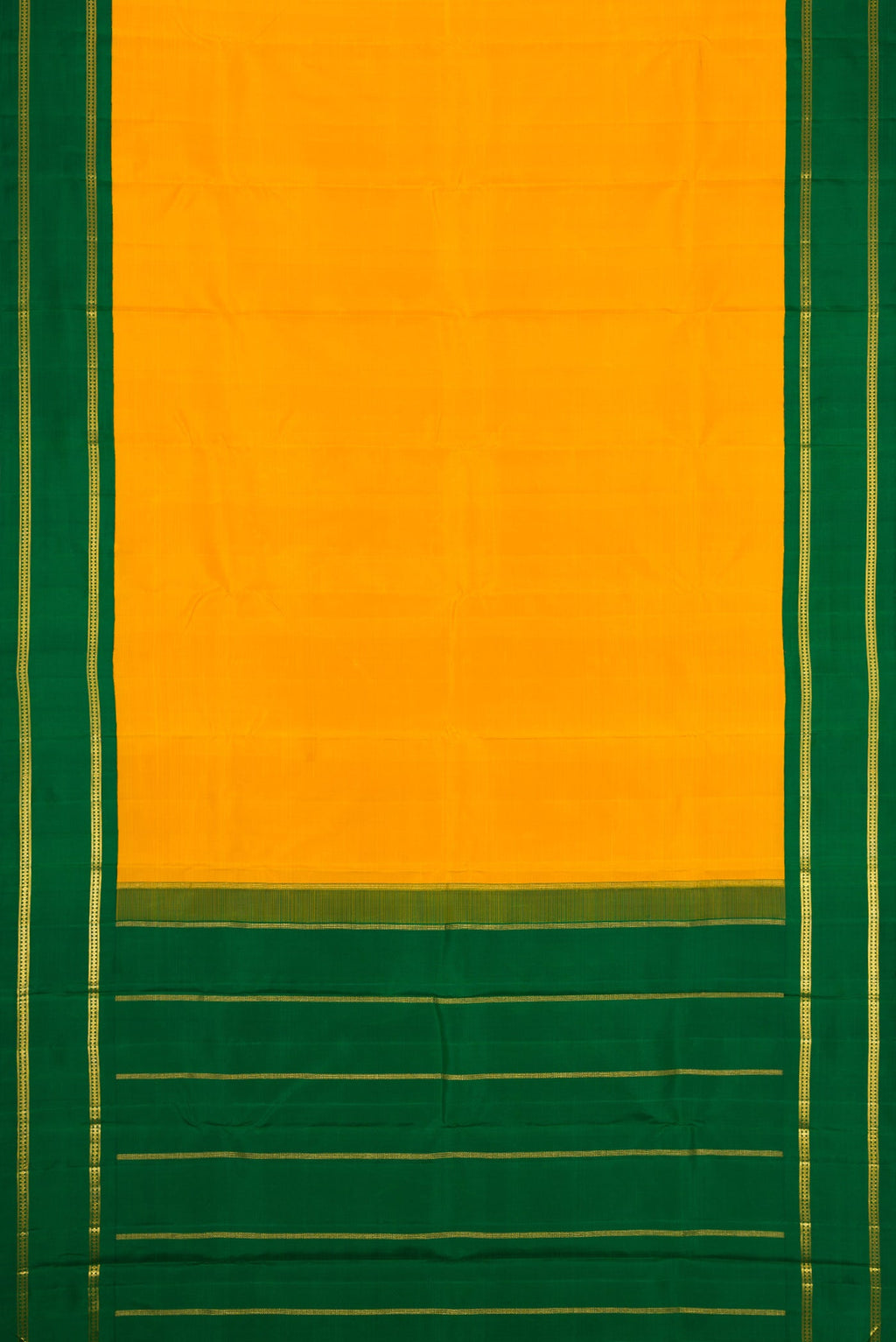 Flat view of Pure Silk Pure Zari Yellow Dual Tone Kanjivaram Saree with Plain Body and Zari Border. 