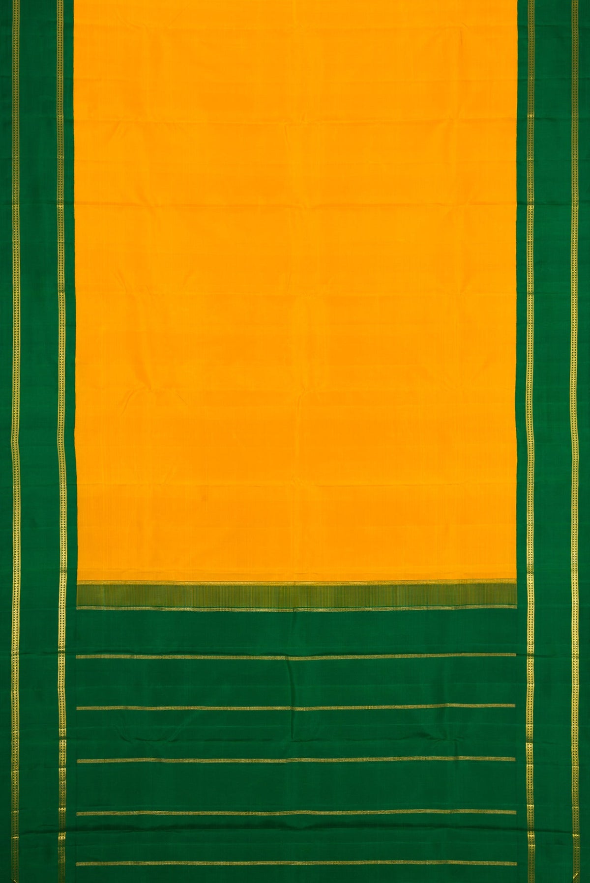 Flat view of Pure Silk Pure Zari Yellow Dual Tone Kanjivaram Saree with Plain Body and Zari Border. 