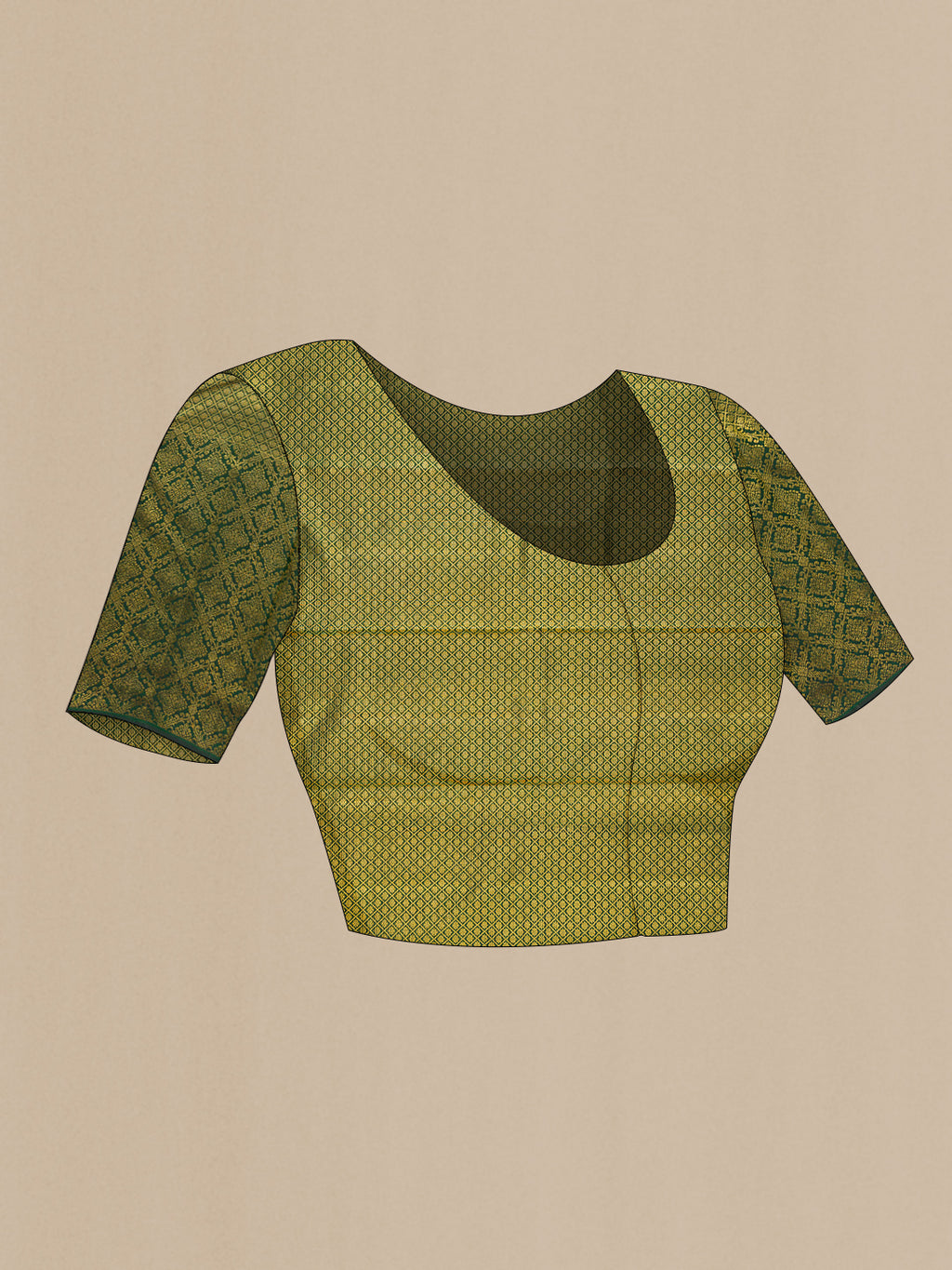 Close up image of the blouse of Bottle Green Kanchipuram Silk Saree with Zari Butta on the body and Zari Border. 