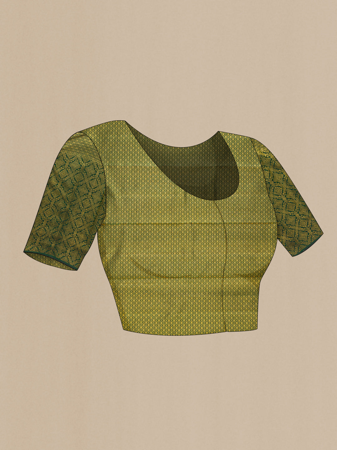 Close up image of the blouse of Bottle Green Kanchipuram Silk Saree with Zari Butta on the body and Zari Border. 