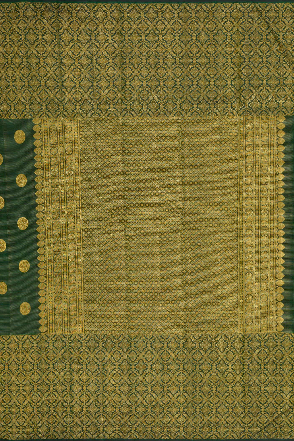 Close up image of the pallu of Bottle Green Kanchipuram Silk Saree with Zari Butta on the body and Zari Border. 