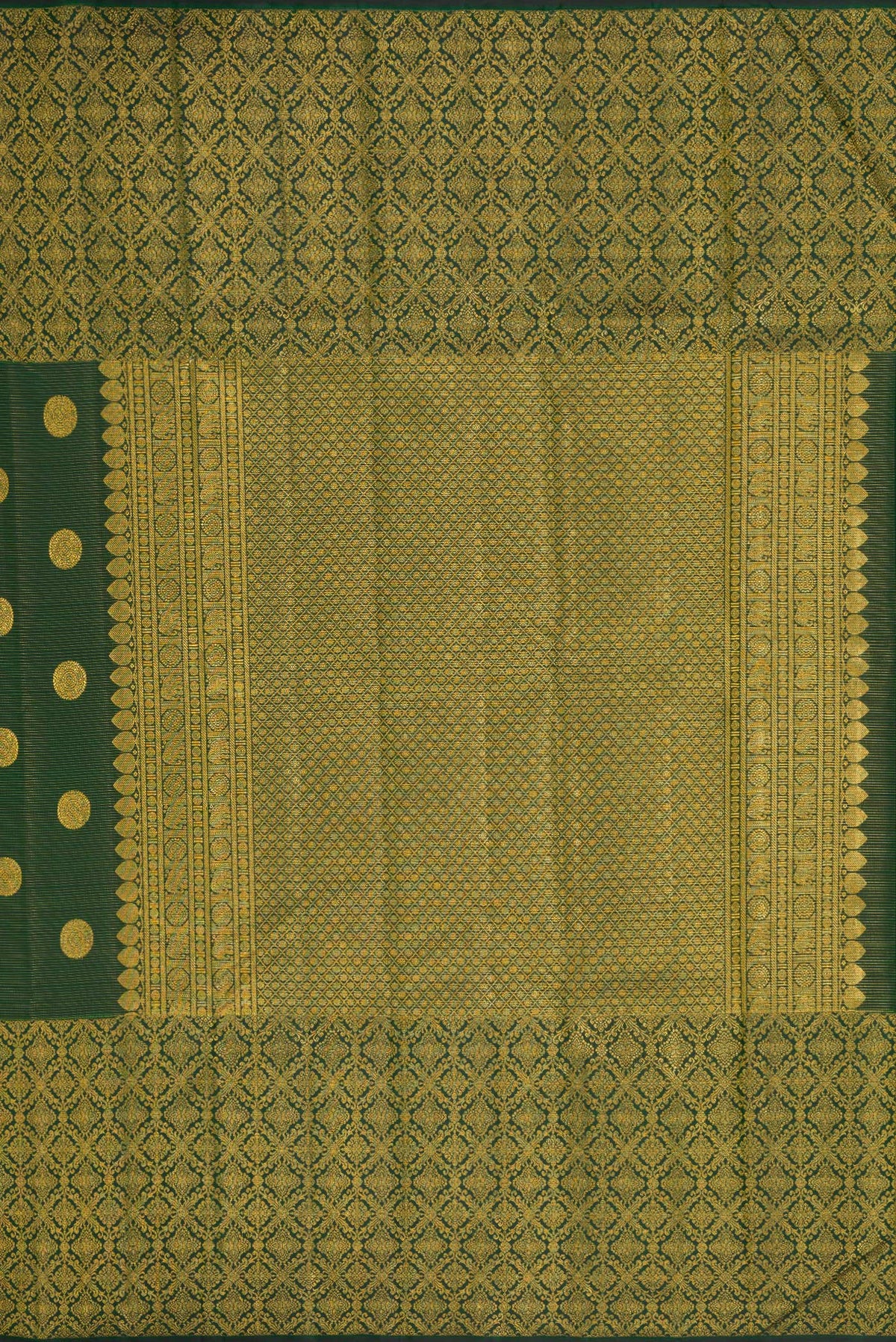 Close up image of the pallu of Bottle Green Kanchipuram Silk Saree with Zari Butta on the body and Zari Border. 