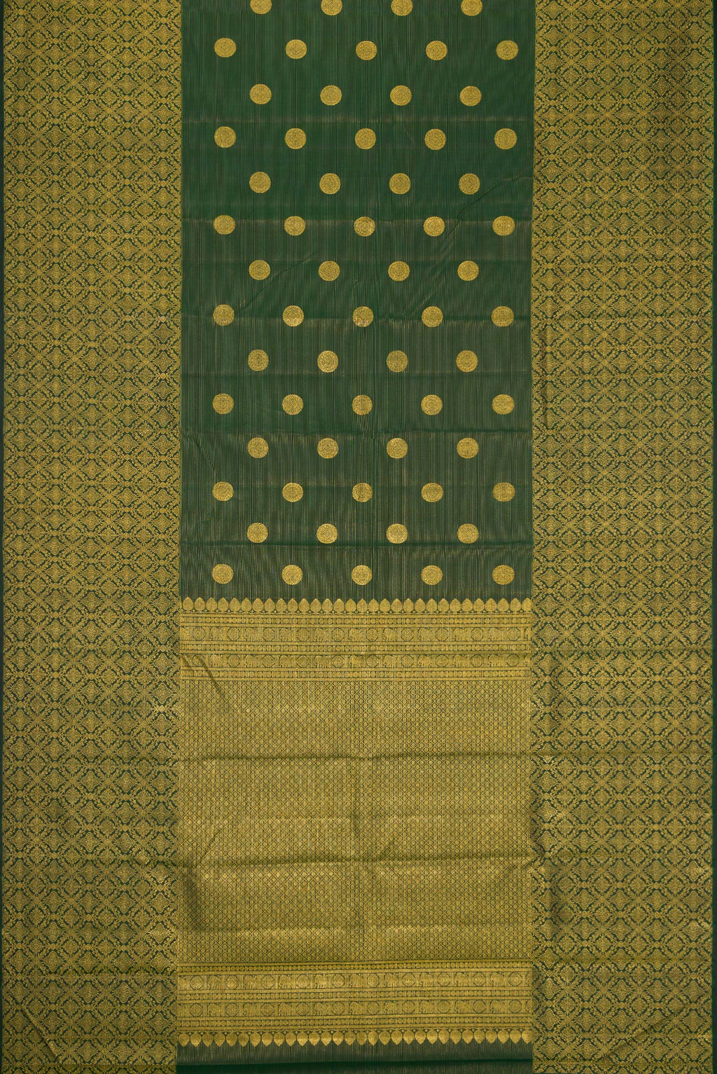 Flat view of Bottle Green Kanchipuram Silk Saree with Zari Butta on the body and Zari Border. 