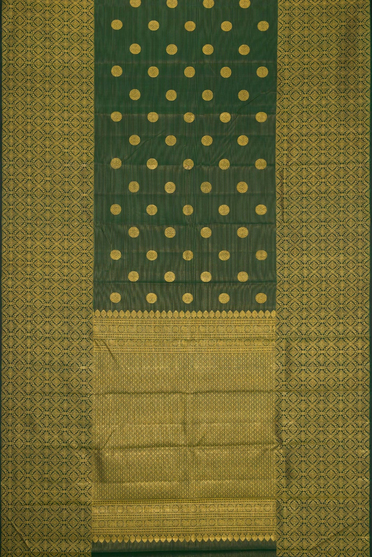 Flat view of Bottle Green Kanchipuram Silk Saree with Zari Butta on the body and Zari Border. 