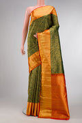 Bottle Green Dual Tone Kanchipuram Silk Saree with Zari Brocade on the body and Zari Border.  displayed on a mannequin