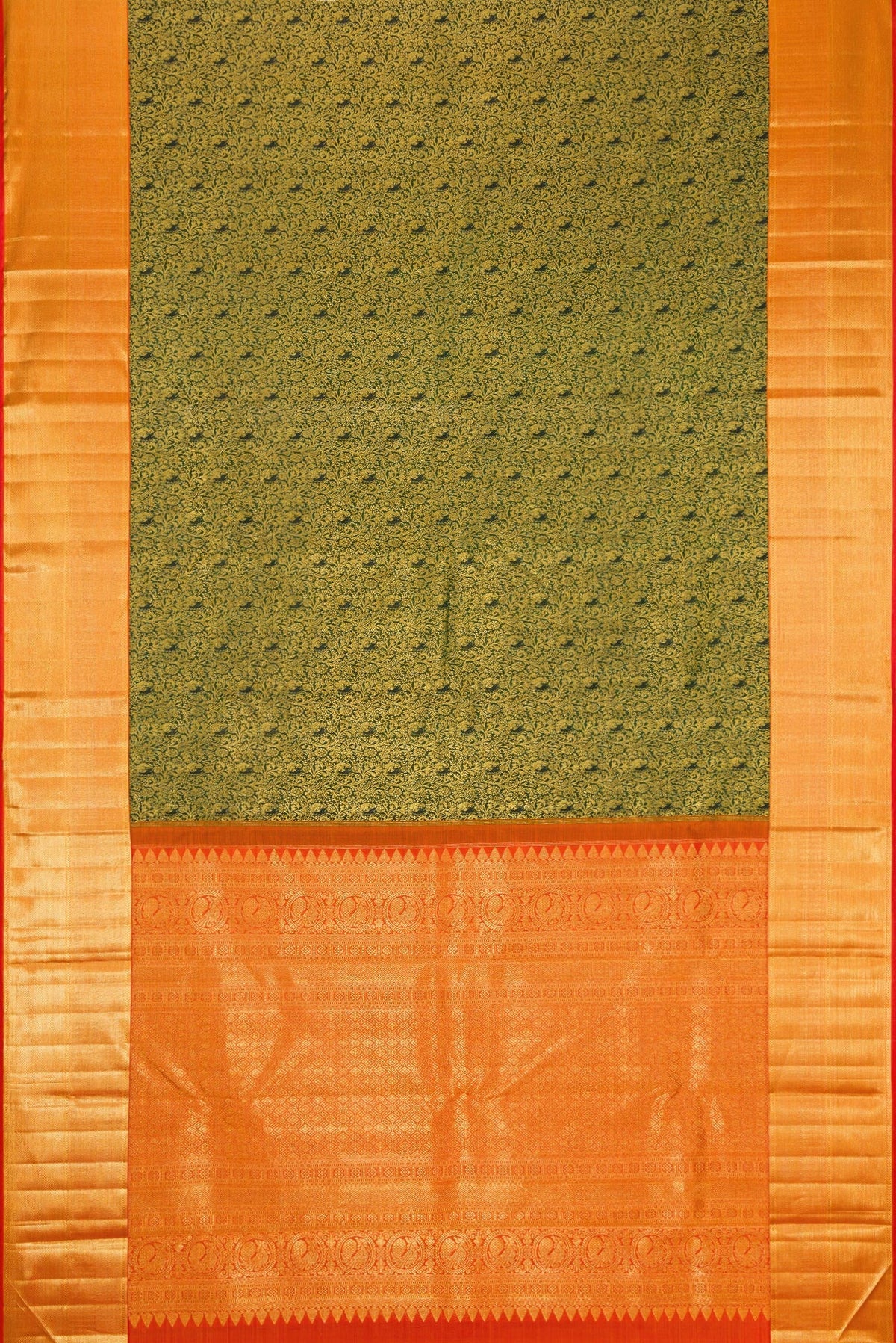 Flat view of Bottle Green Dual Tone Kanchipuram Silk Saree with Zari Brocade on the body and Zari Border. 