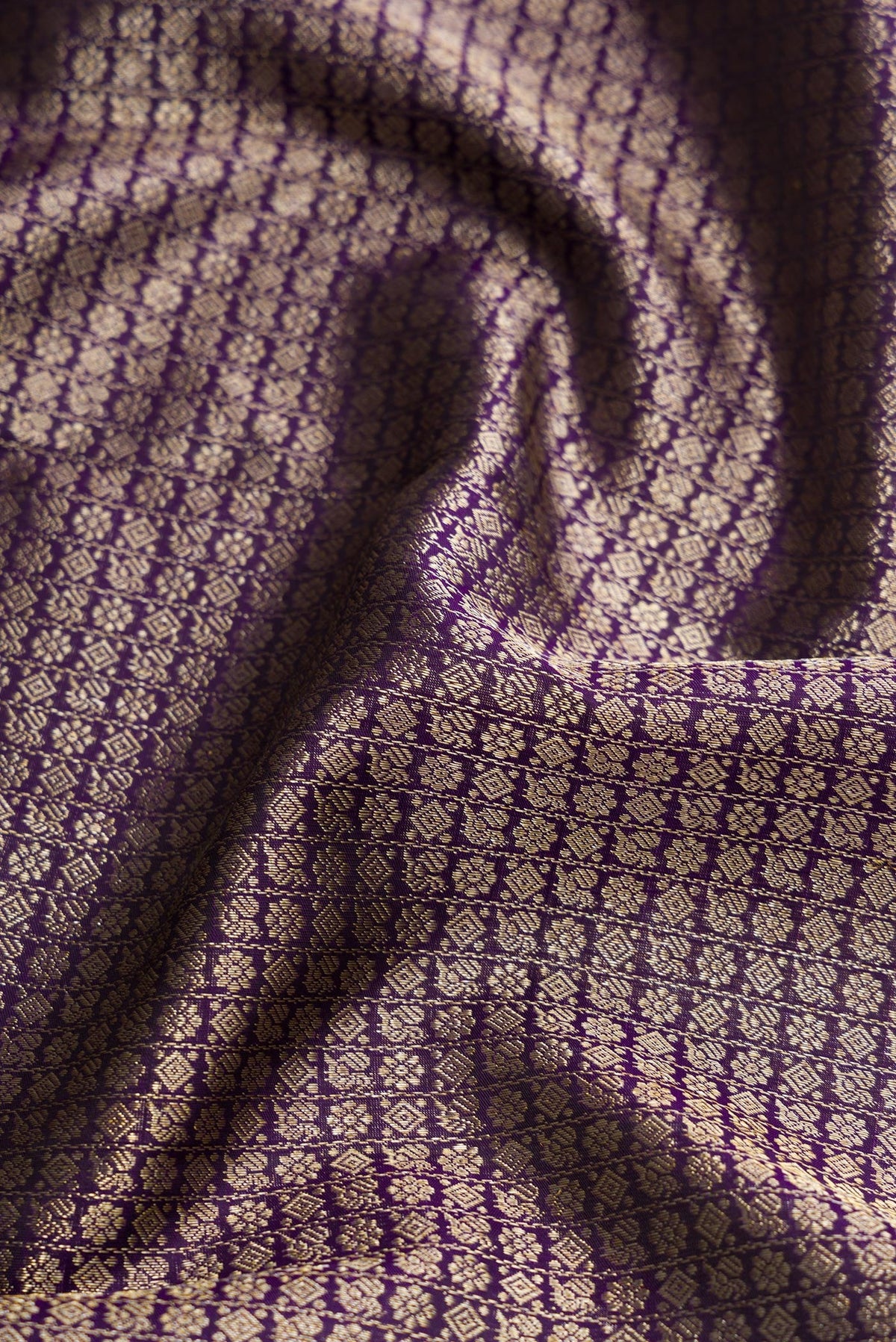 Close up of Violet Dual Tone Kanchipuram Silk Saree with Zari Brocade on the body and Zari Border.  displaying folds