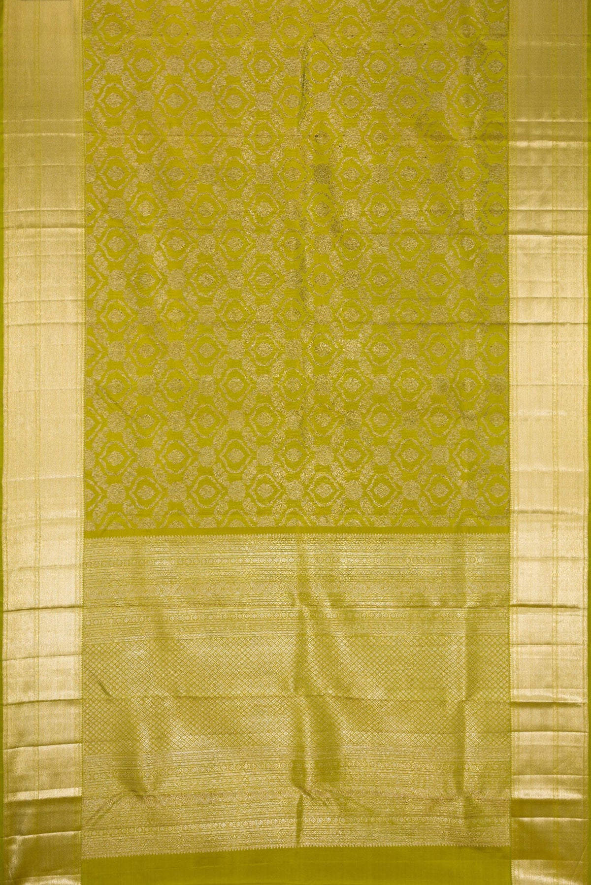 Flat view of Mehandi Green Dual Tone Kanchipuram Silk Saree with Zari Brocade on the body and Zari Border. 