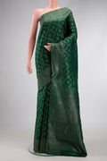 Bottle Green Dual Tone Kanjivaram Silk Saree with Zari Brocade on the body and Zari Border.  displayed on a mannequin