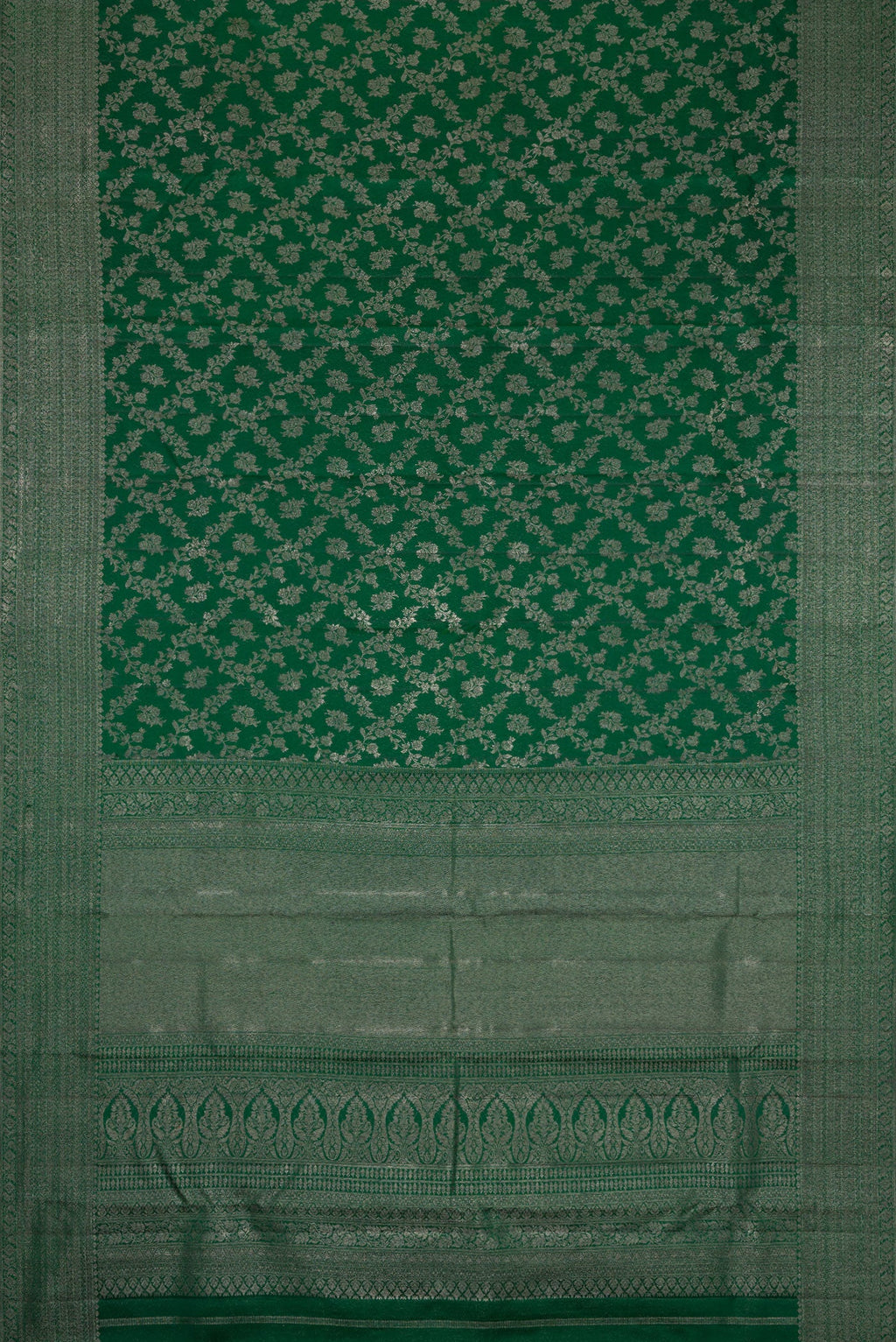Flat view of Bottle Green Dual Tone Kanjivaram Silk Saree with Zari Brocade on the body and Zari Border. 