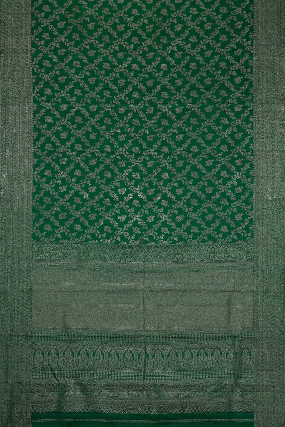 Flat view of Bottle Green Dual Tone Kanjivaram Silk Saree with Zari Brocade on the body and Zari Border. 