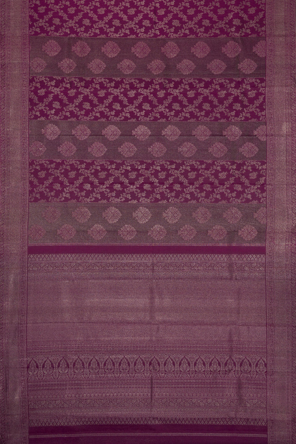 Flat view of Burgundy Dual Tone Kanjivaram Silk Saree with Zari Brocade on the body and Zari Border. 