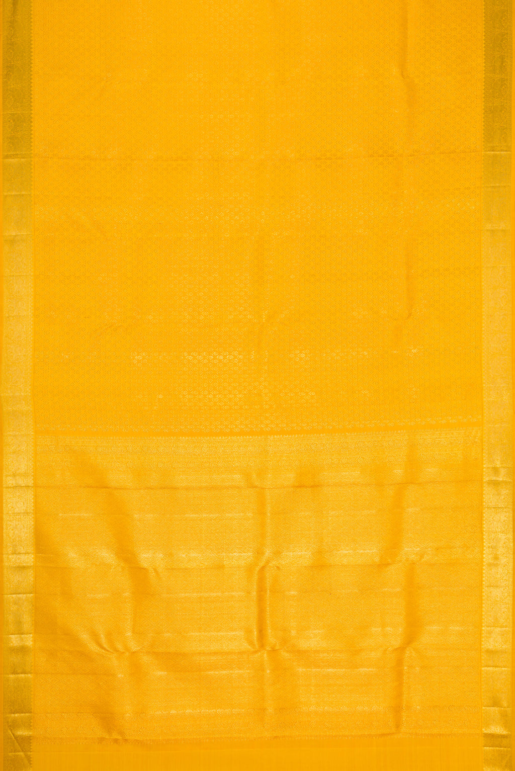 Flat view of Yellow Kanchipuram Silk Saree with Zari Brocade on the body and Zari Border. 