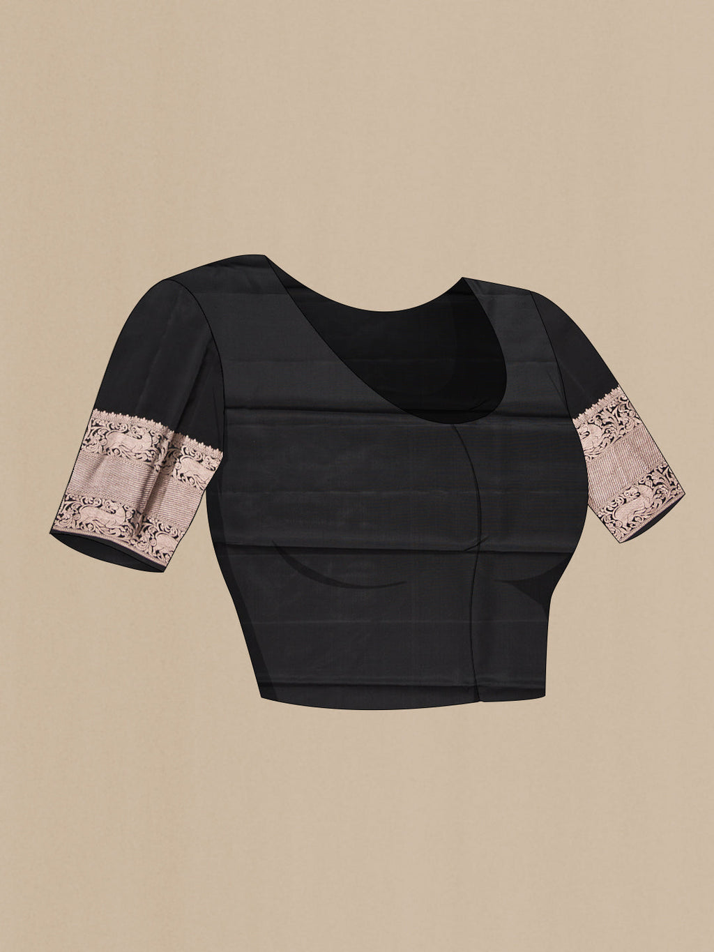 Close up image of the blouse of Black Dual Tone Kanchipuram Silk Saree with Zari Brocade on the body and Zari Border. 