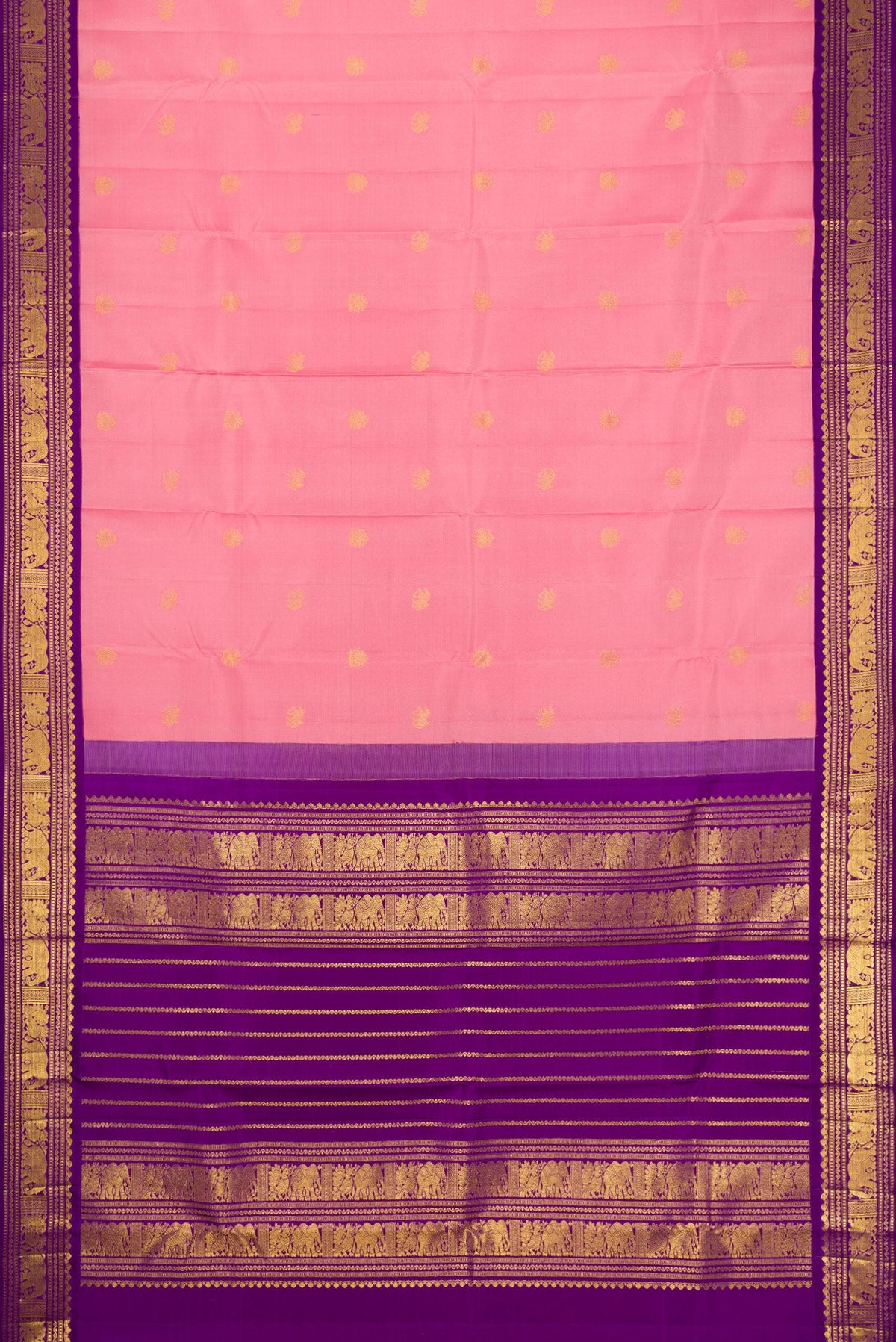 Flat view of Pink Dual Tone Kanchipuram Silk Saree with Zari Butta on the body and Zari Border. 