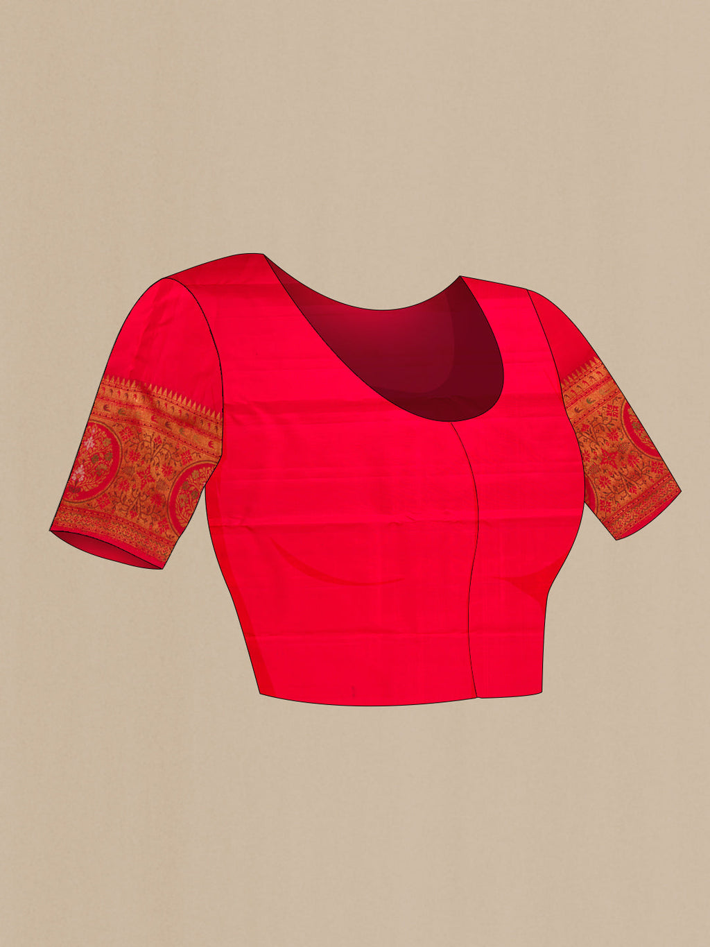 Close up image of the blouse of Red Dual Tone Kanjivaram Silk Saree with Zari Brocade on the body and Zari Border. 