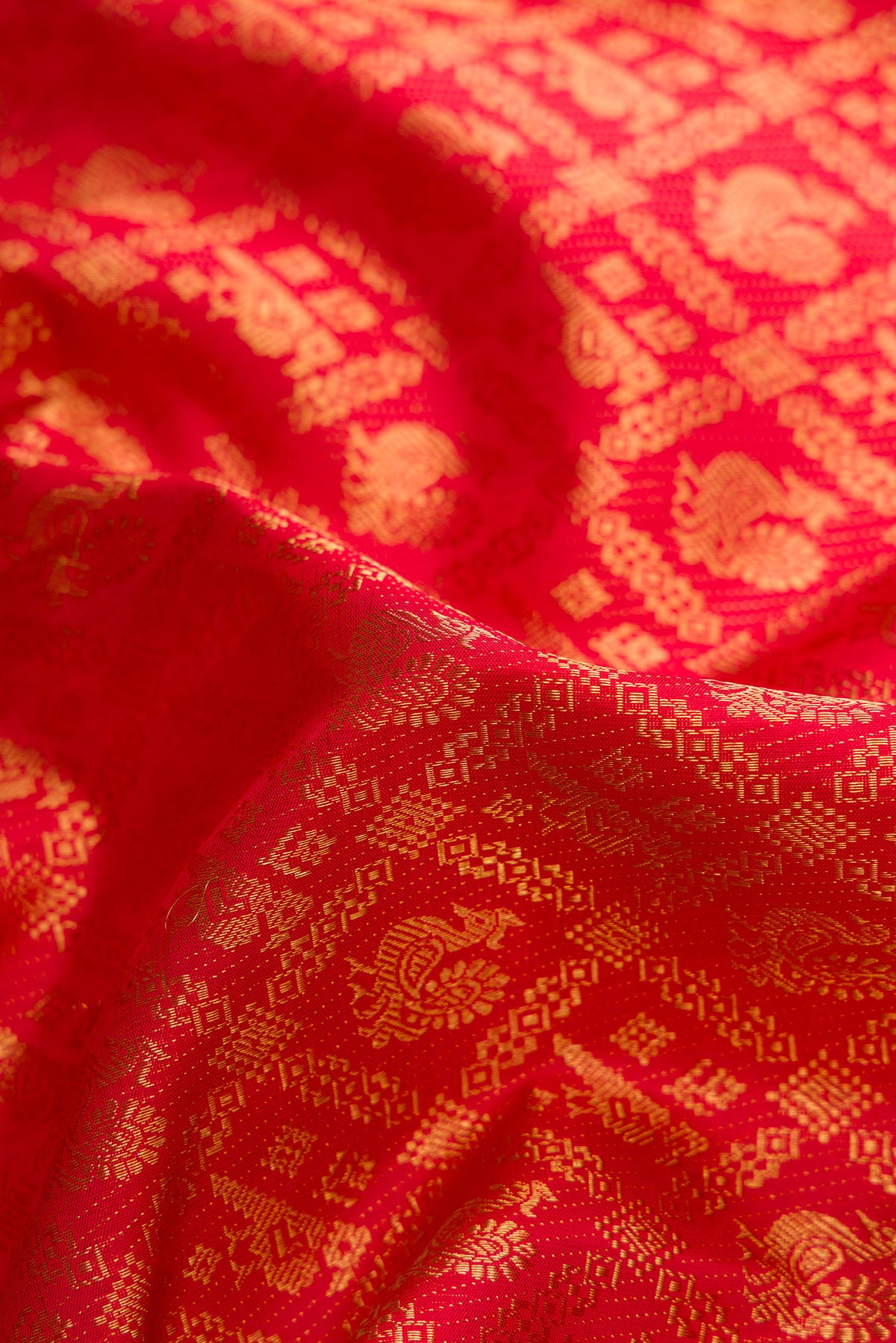 Close up of Red Kanjivaram Silk Saree with Zari Brocade on the body and Zari Border.  displaying folds