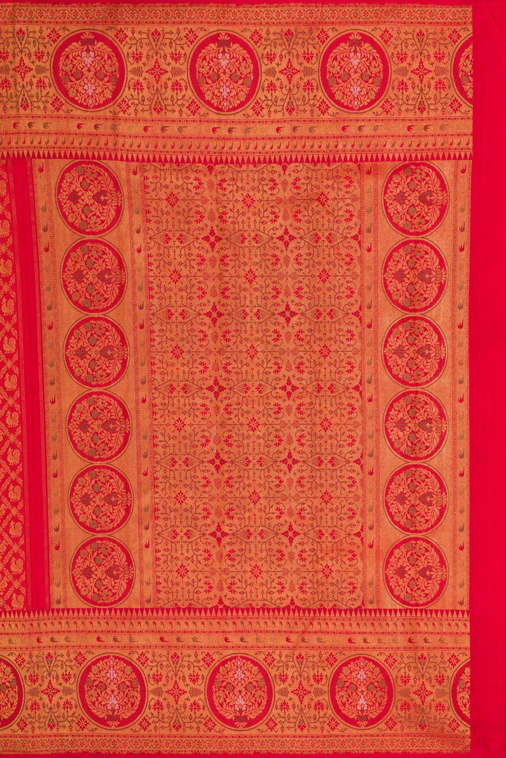Close up image of the pallu of Red Kanjivaram Silk Saree with Zari Brocade on the body and Zari Border. 