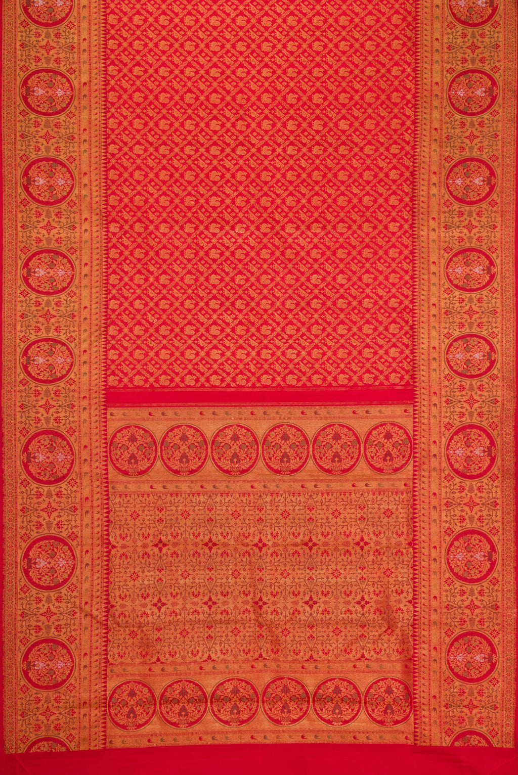 Flat view of Red Kanjivaram Silk Saree with Zari Brocade on the body and Zari Border. 