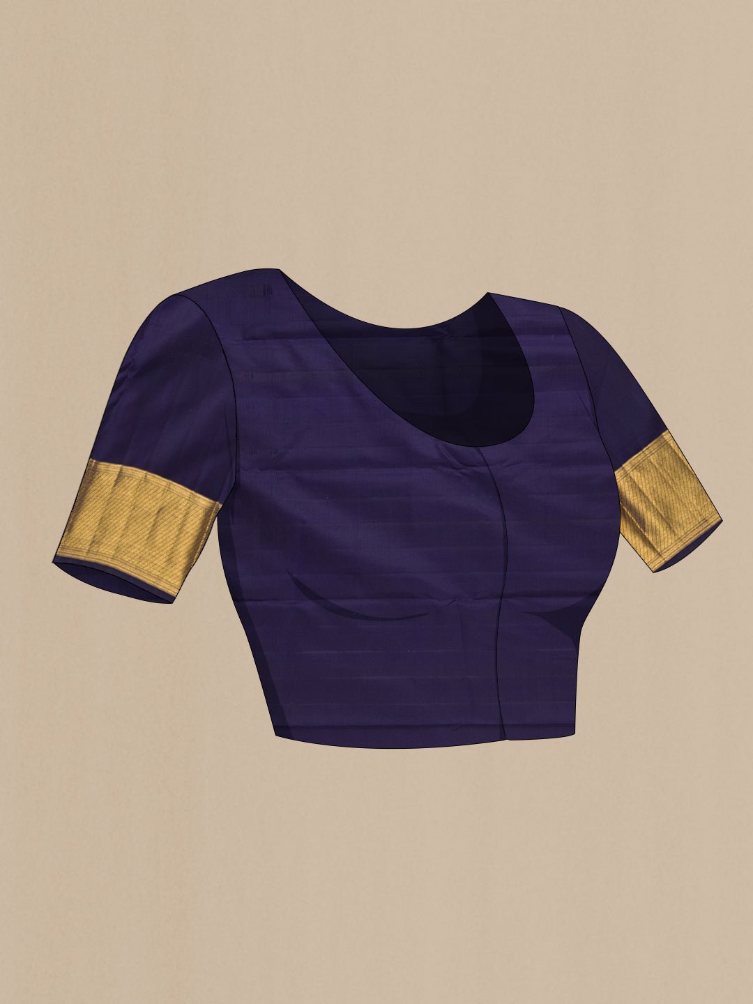 Close up image of the blouse of Navy Blue Dual Tone Kanchipuram Silk Saree with Zari Brocade on the body and Zari Border. 