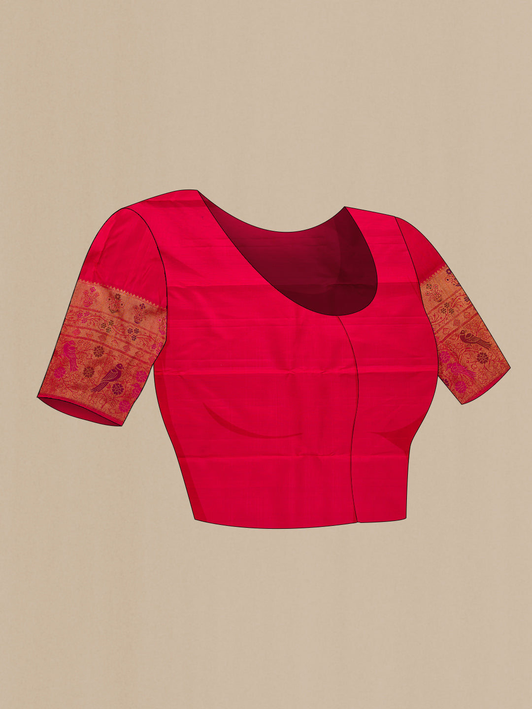 Close up image of the blouse of Gold with Red Color Kanjivaram Silk Saree with Zari Brocade on the body and Fancy Border. 
