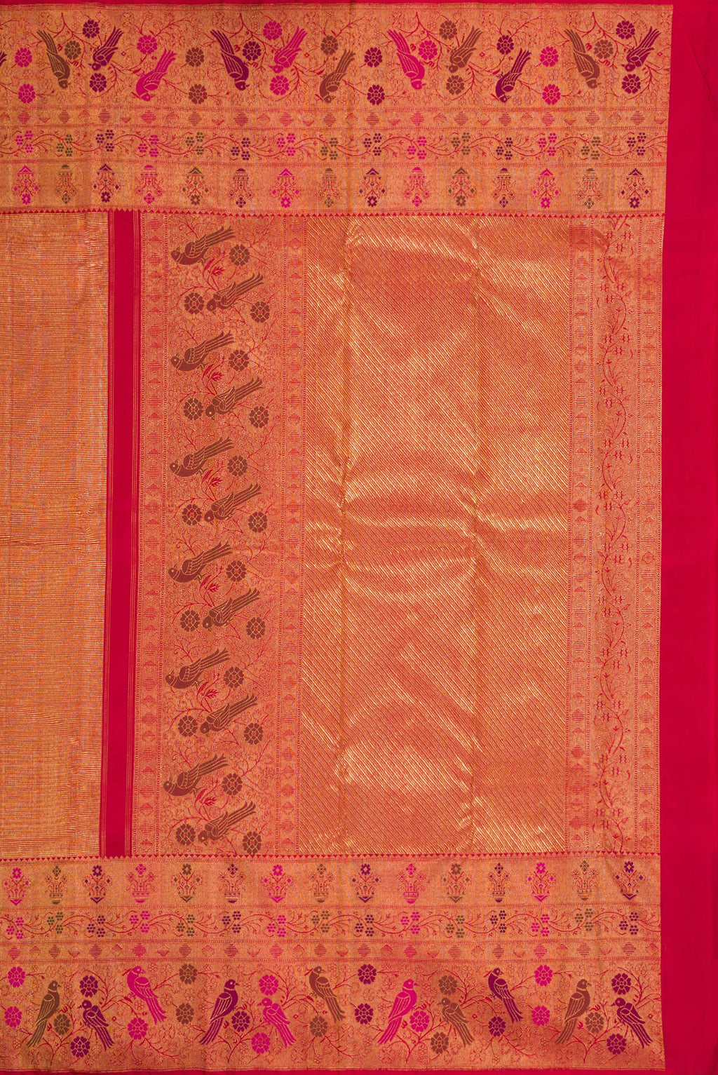 Close up image of the pallu of Gold with Red Color Kanjivaram Silk Saree with Zari Brocade on the body and Fancy Border. 