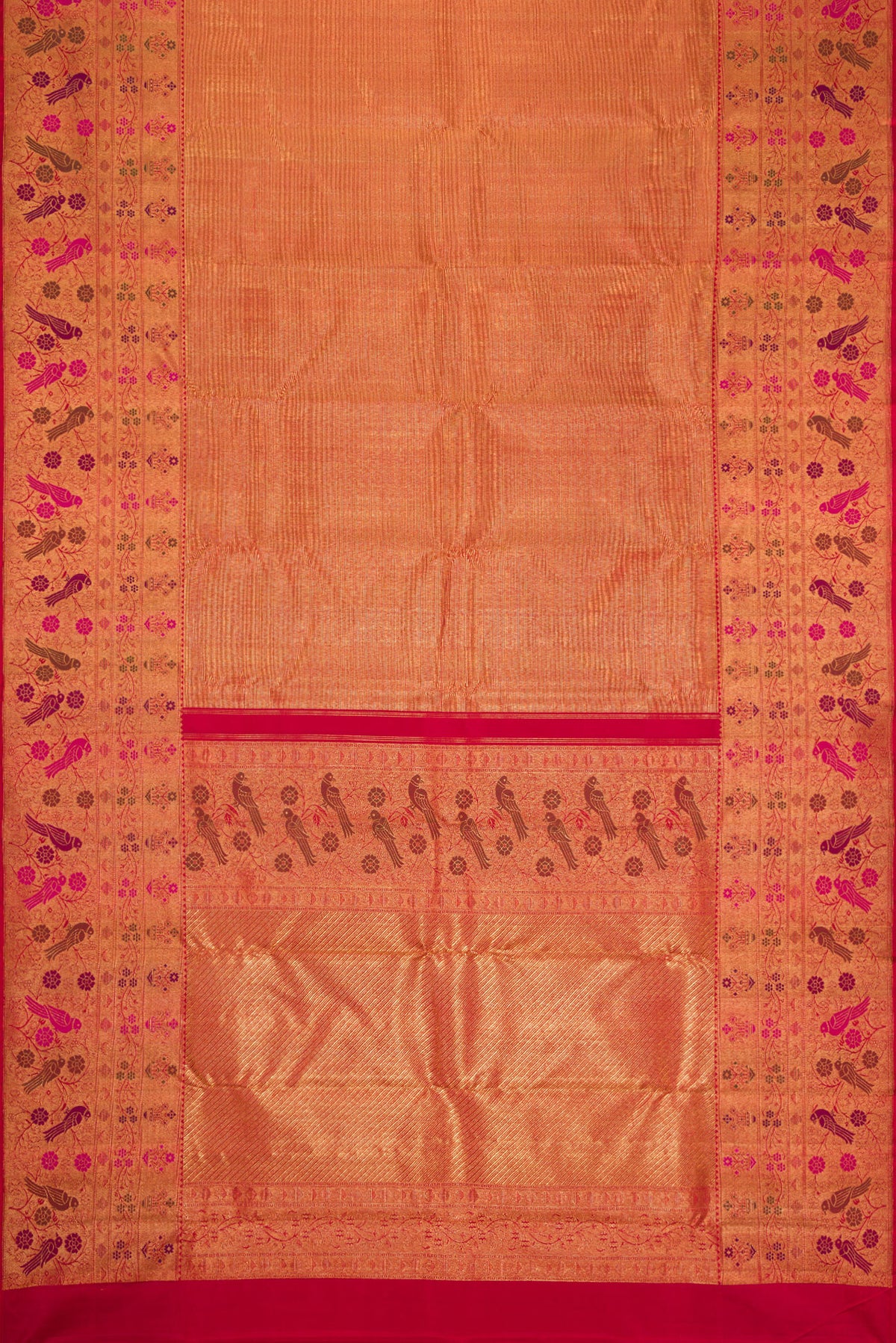 Flat view of Gold with Red Color Kanjivaram Silk Saree with Zari Brocade on the body and Fancy Border. 
