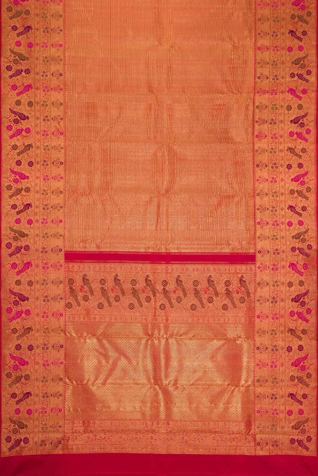 Flat view of Dark Pink Dual Tone Kanjivaram Silk Saree with Zari Brocade on the body and Fancy Border. 