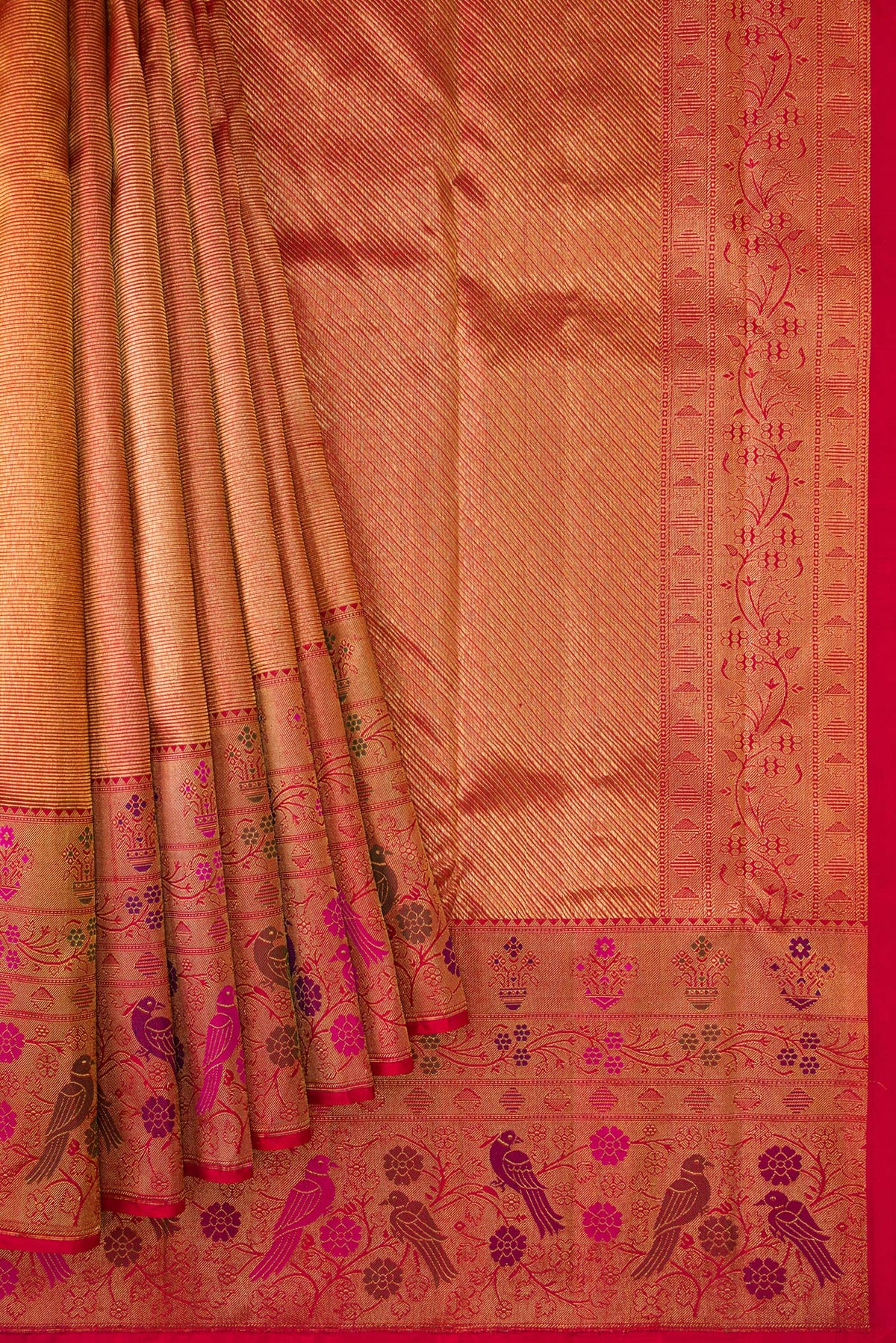 Pleats and pallu of Gold with Red Color Kanjivaram Silk Saree with Zari Brocade on the body and Fancy Border. 