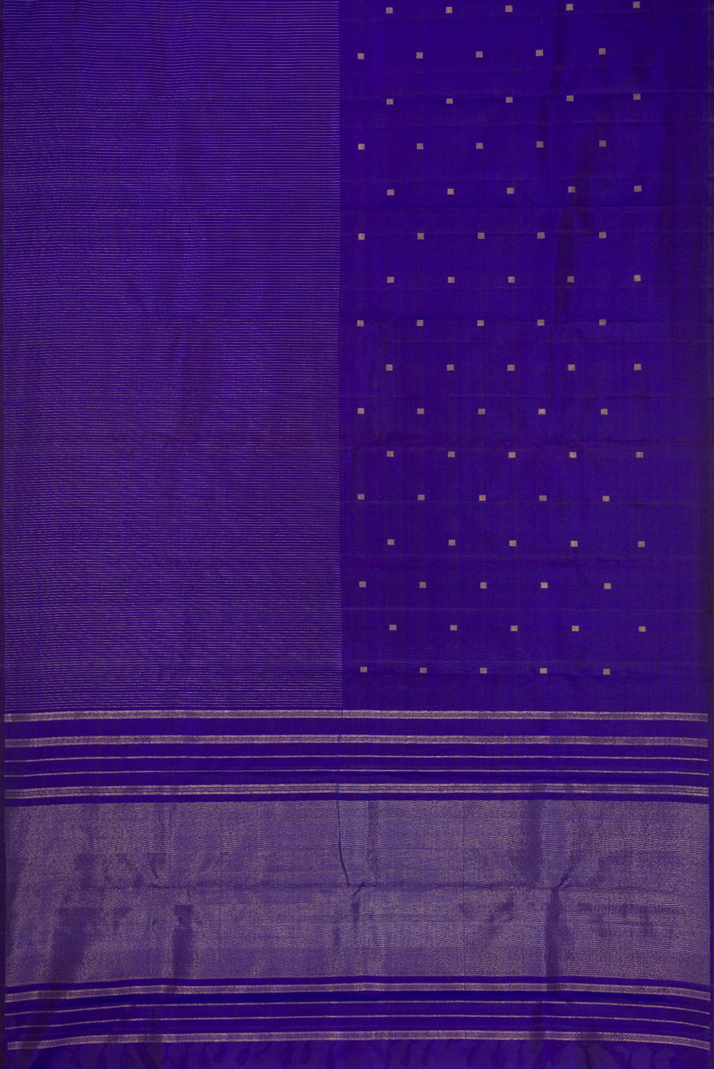 Flat view of Pure Silk Pure Zari Royal Blue Dual Tone Kanchipuram Saree with Half And Half on the body and Without Border. 