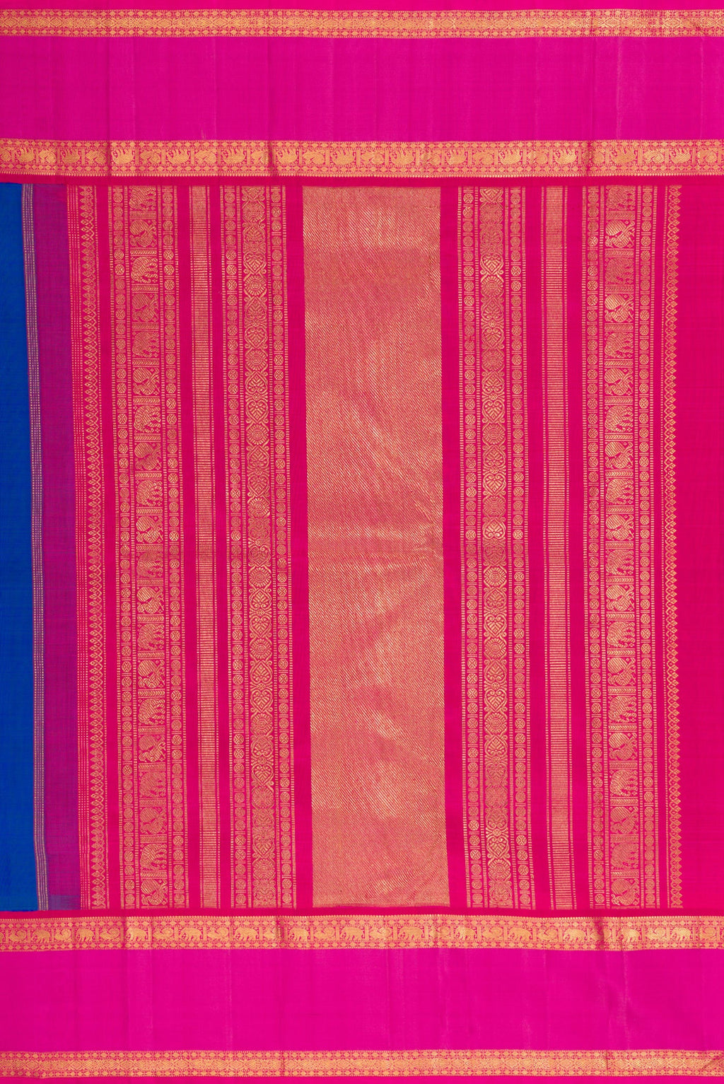 Close up image of the pallu of Pure Silk Pure Zari Royal Blue Dual Tone Kanjivaram Saree with Zari Butta on the body and Zari Border. 