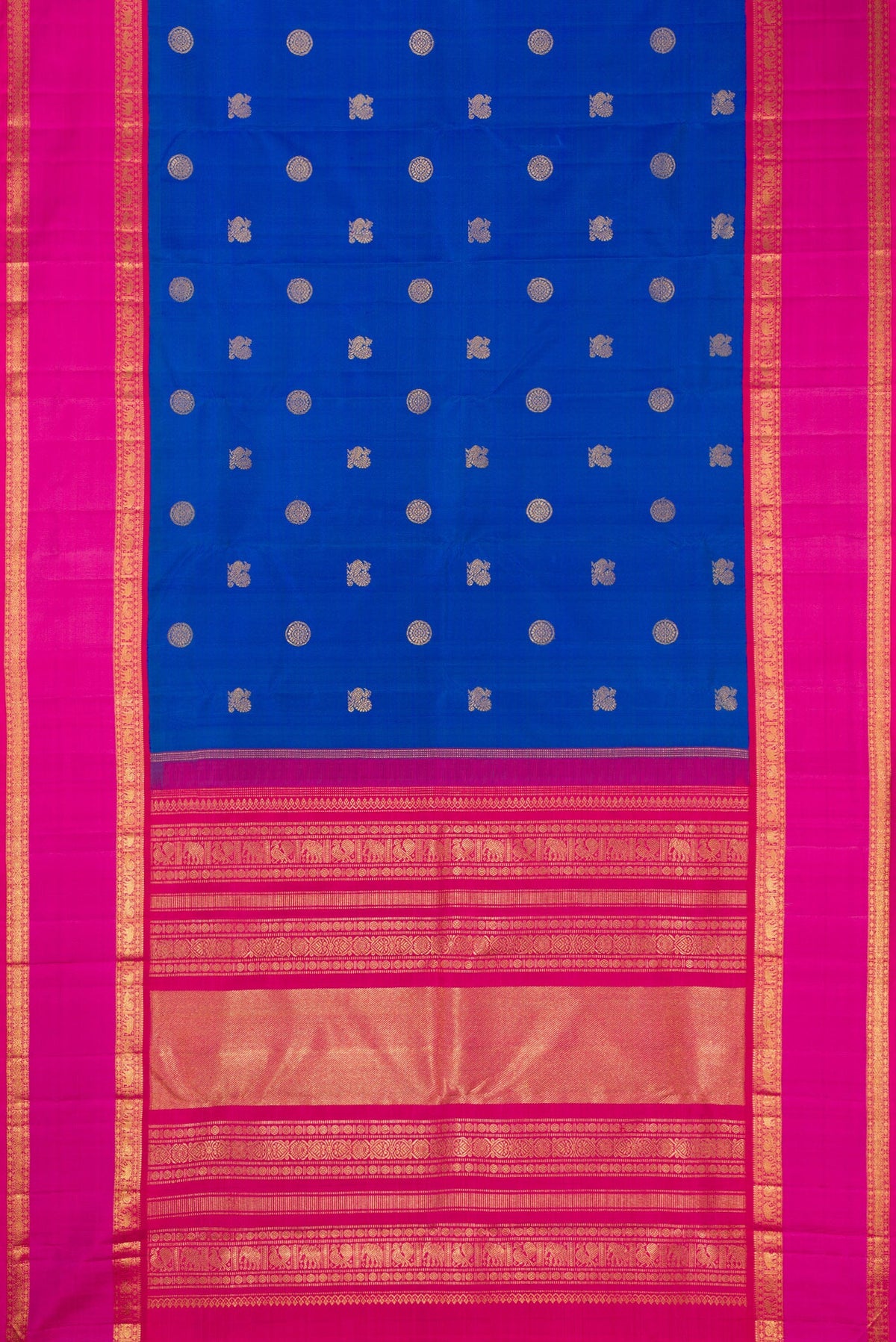 Flat view of Pure Silk Pure Zari Royal Blue Dual Tone Kanjivaram Saree with Zari Butta on the body and Zari Border. 