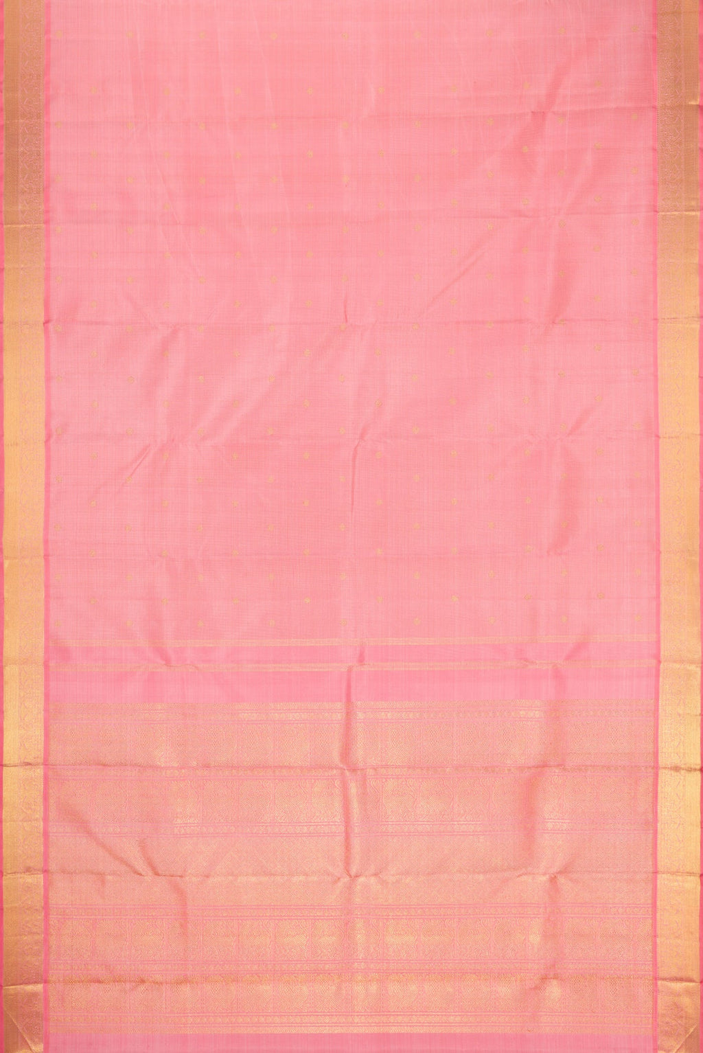 Flat view of Pure Silk Pure Zari Pink Dual Tone Kanjivaram Saree with Stripes on the body and Zari Border. 