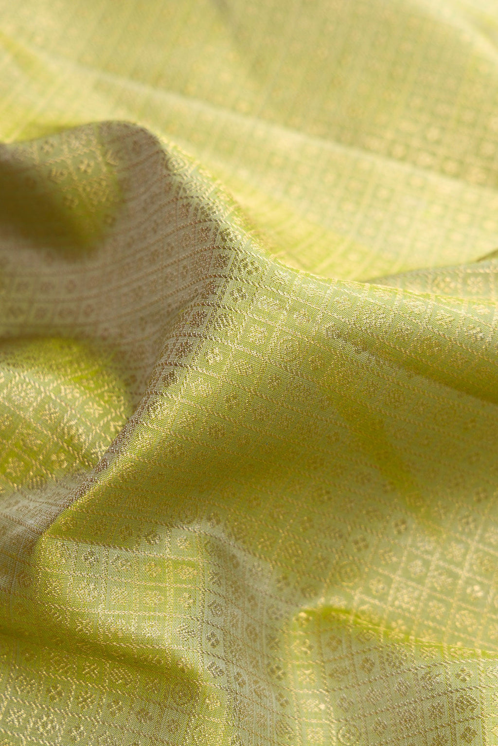 Close up of Pure Silk Pure Zari Green Dual Tone Kanjivaram Saree with Zari Brocade on the body and Zari Border.  displaying folds