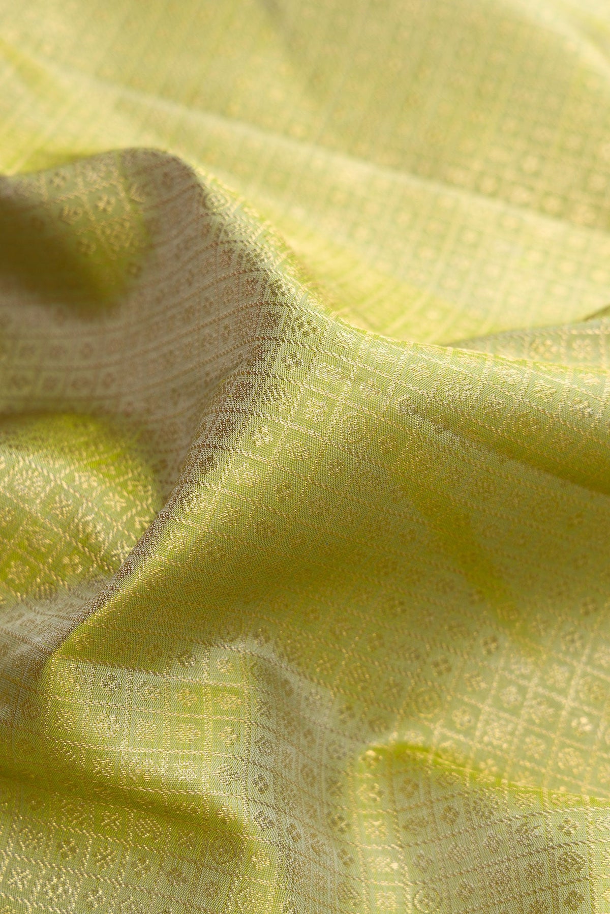 Close up of Pure Silk Pure Zari Green Dual Tone Kanjivaram Saree with Zari Brocade on the body and Zari Border.  displaying folds