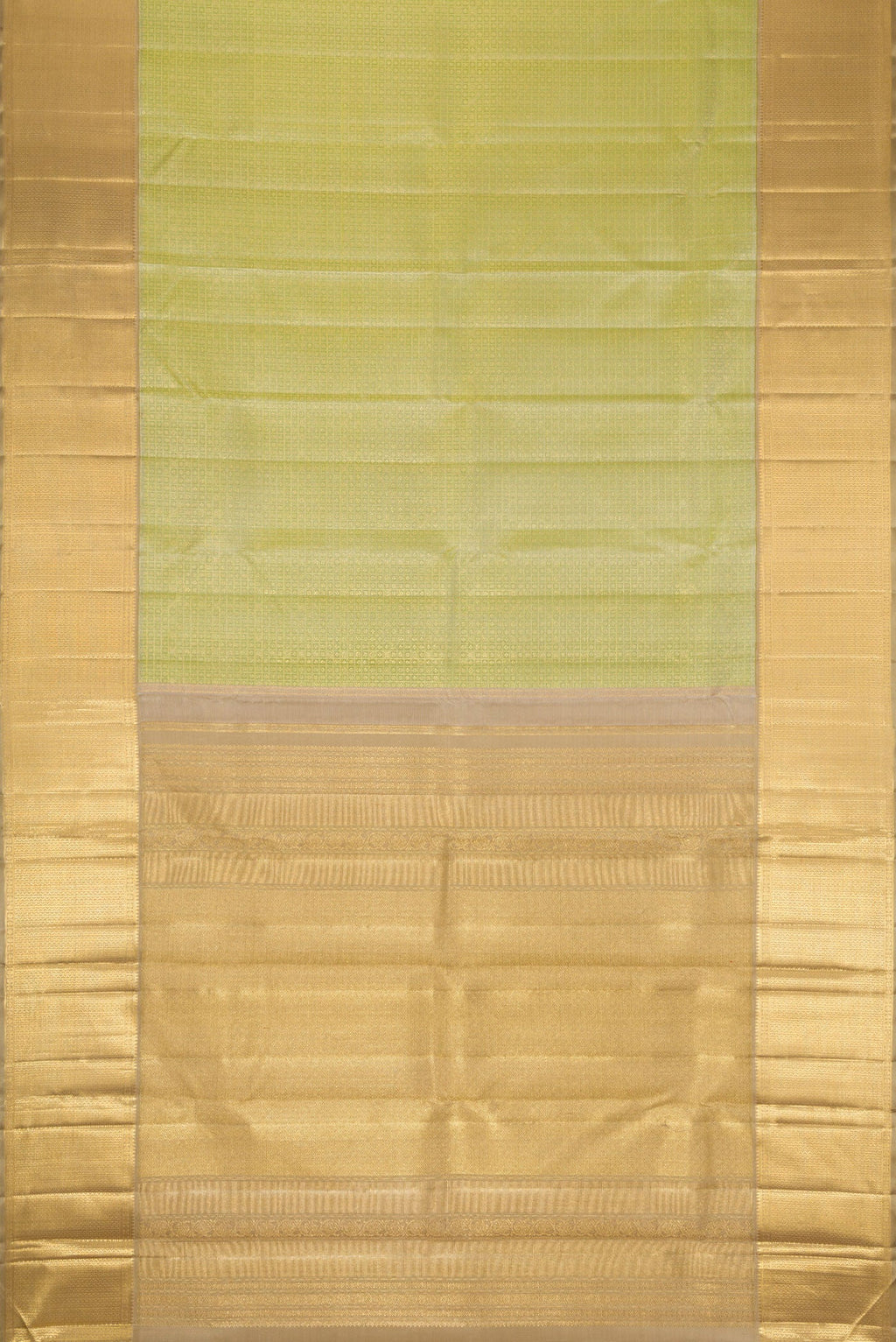 Flat view of Pure Silk Pure Zari Green Dual Tone Kanjivaram Saree with Zari Brocade on the body and Zari Border. 