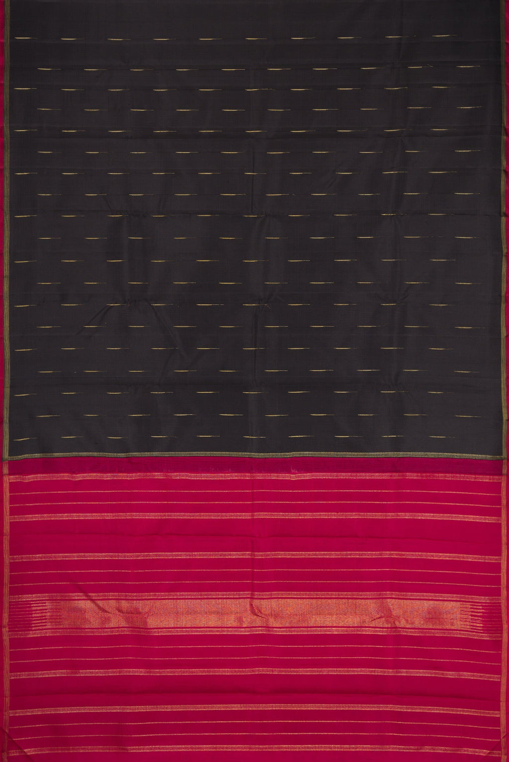 Flat view of Black Dual Tone Kanjivaram Silk Saree with Zari Butta on the body and Zari Border. 