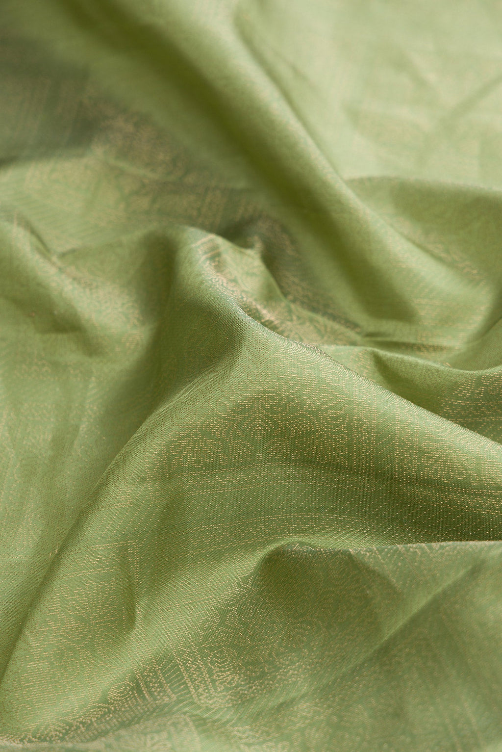 Close up of Green Dual Tone Soft Silk Saree with Zari Brocade on the body and Zari Border.  displaying folds