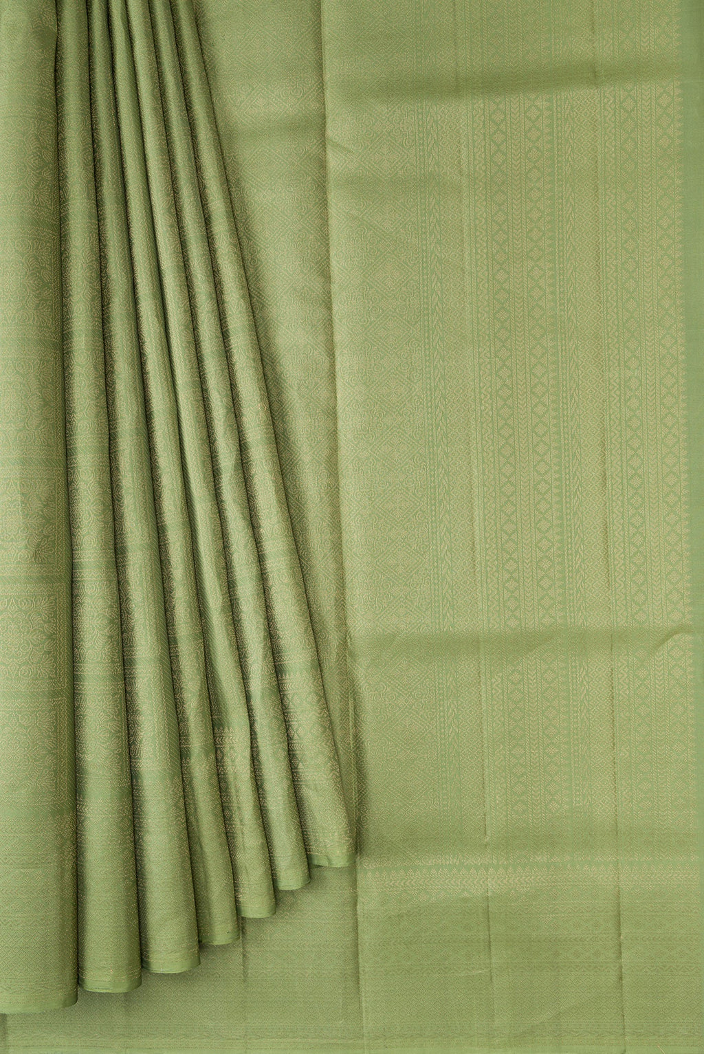 Pleats and pallu of Green Dual Tone Soft Silk Saree with Zari Brocade on the body and Zari Border. 