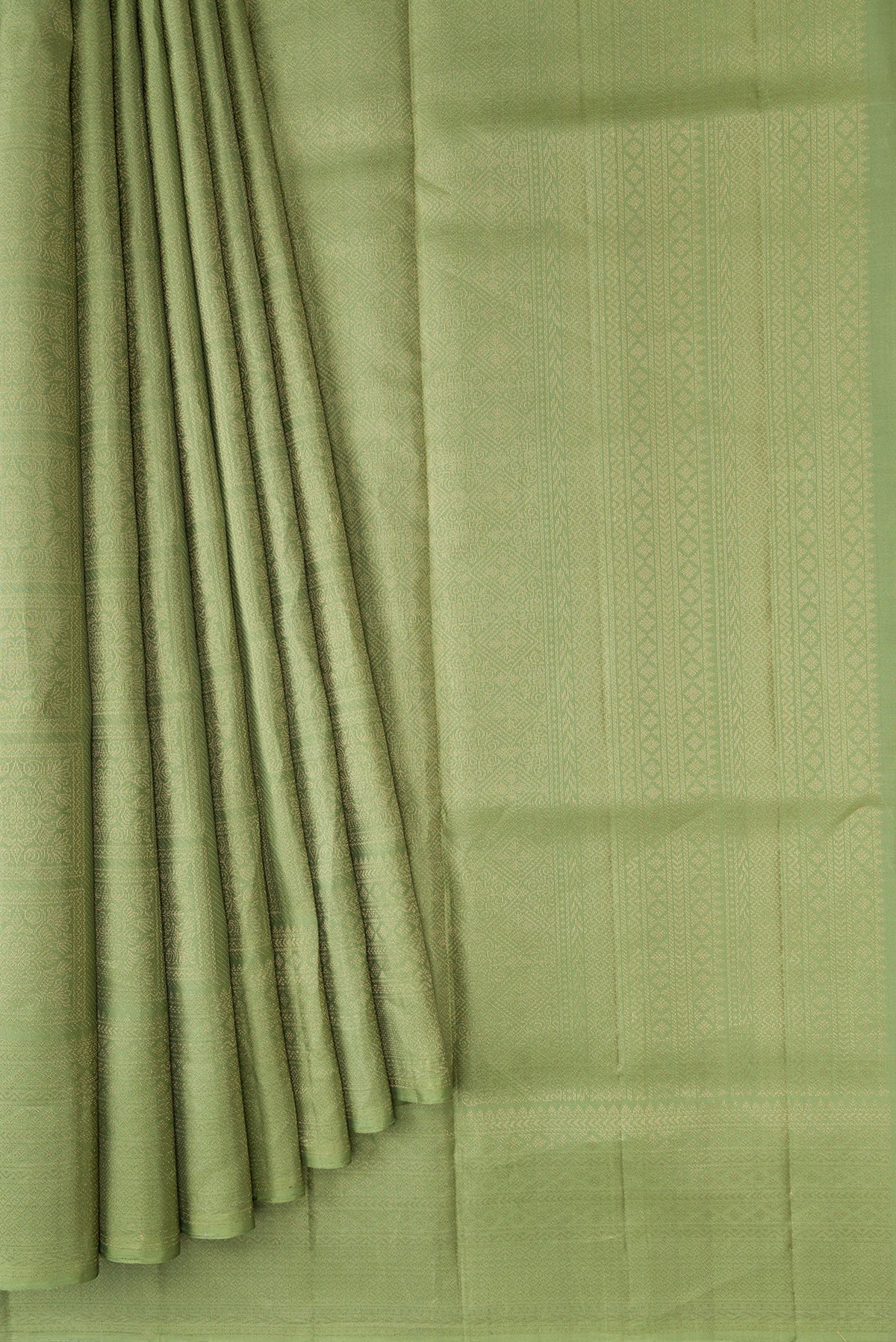 Pleats and pallu of Green Dual Tone Soft Silk Saree with Zari Brocade on the body and Zari Border. 
