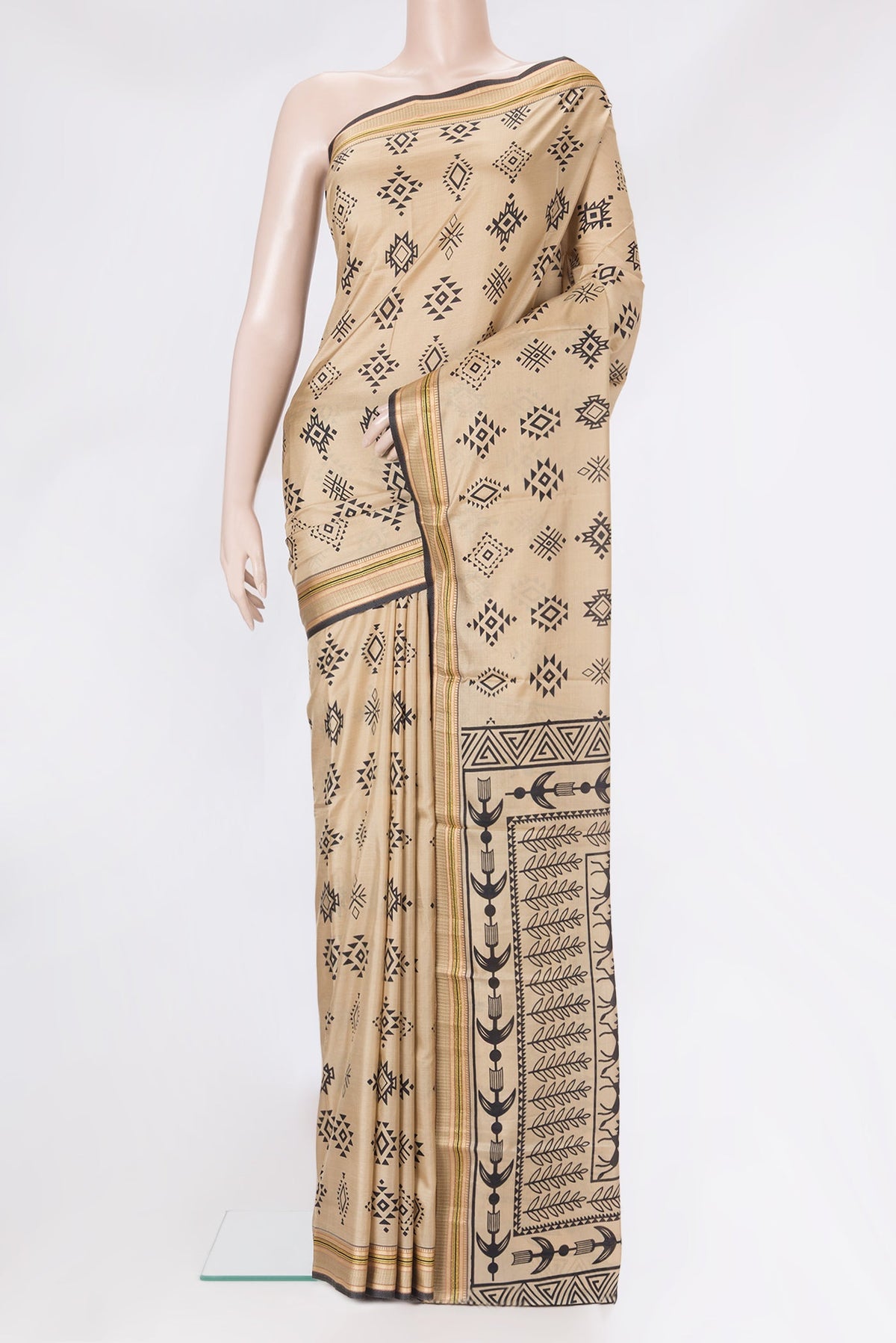 Beige Dual Tone Kanjivaram Silk Saree with Printed design on the body and Thread Border.  displayed on a mannequin
