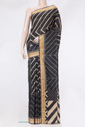 Black Printed Silk Saree with Printed design on the body and Thread Border.  displayed on a mannequin