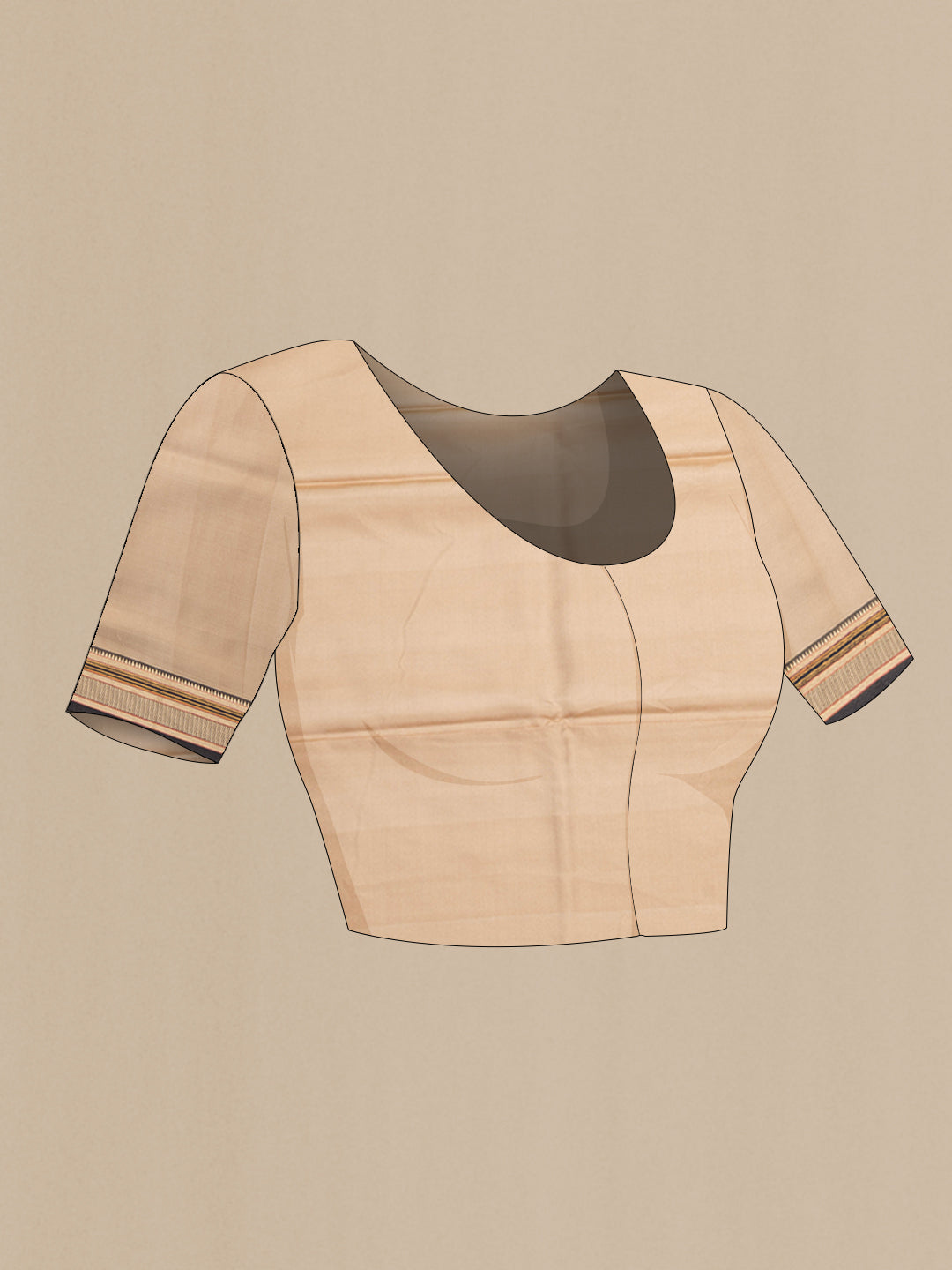 Close up image of the blouse of Beige Dual Tone Kanjivaram Silk Saree with Printed design on the body and Thread Border. 